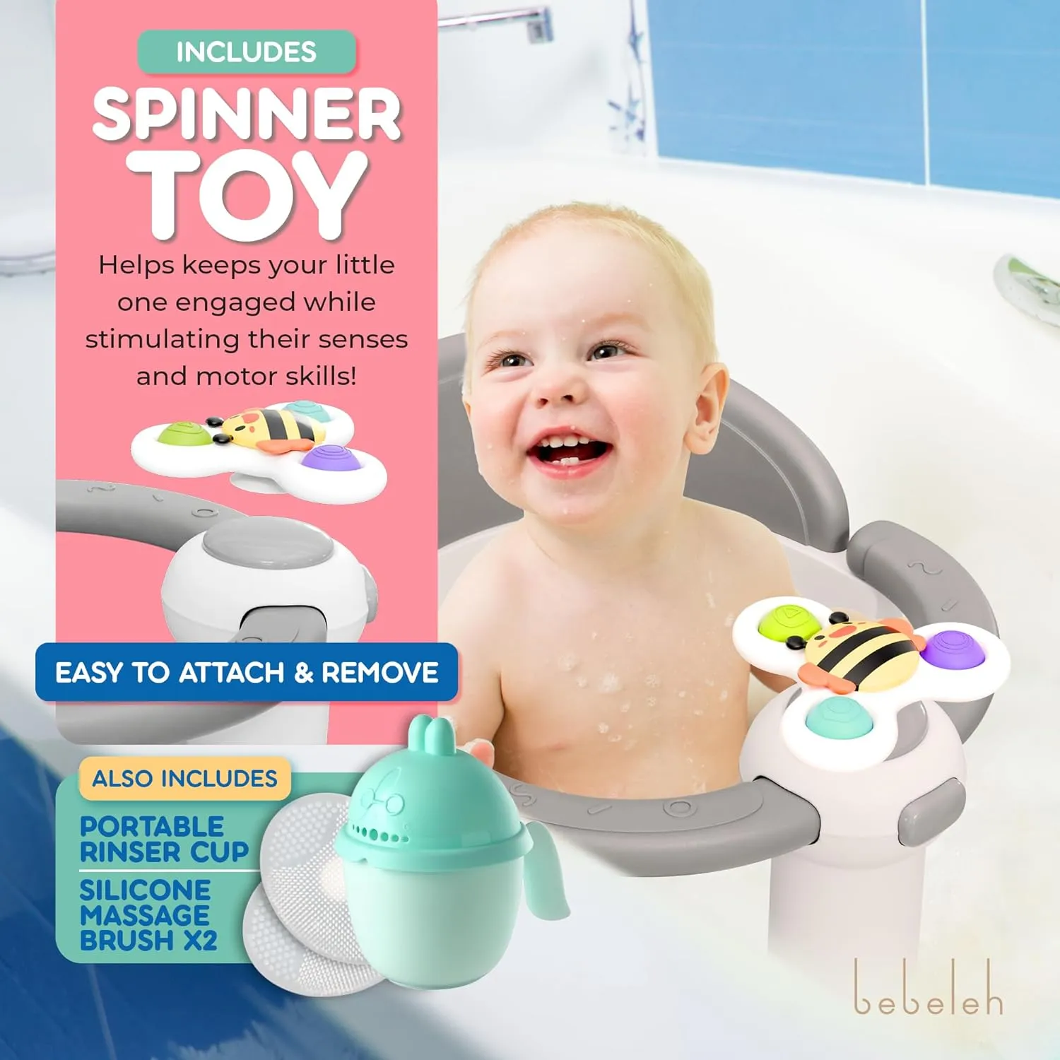 BEBELEH™ Baby Bath Seat for Babies 6 Months & Up - Safe Infant and Toddler Baby Bathtub Seat for Sitting Up - Baby Bath Tub Baby Tub Seat for Shower (Gray)