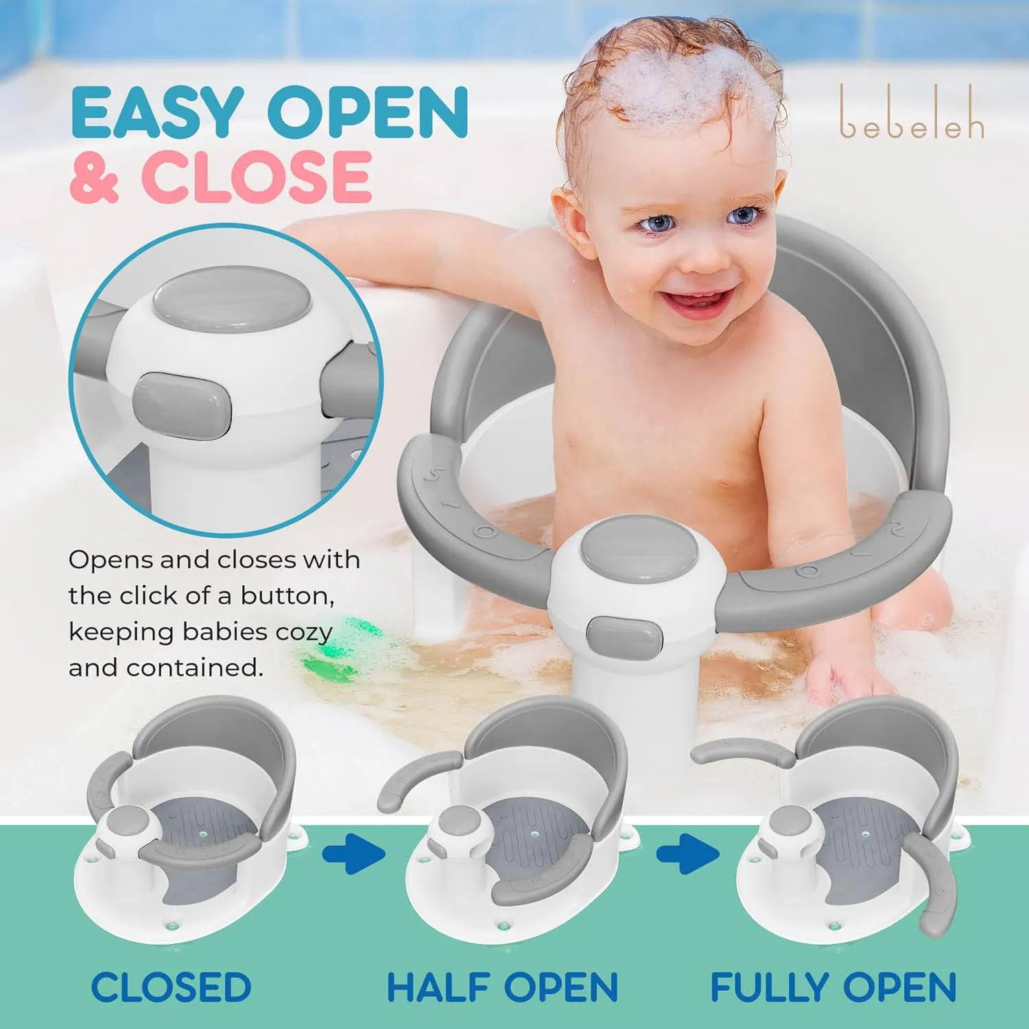 BEBELEH™ Baby Bath Seat for Babies 6 Months & Up - Safe Infant and Toddler Baby Bathtub Seat for Sitting Up - Baby Bath Tub Baby Tub Seat for Shower (Gray)