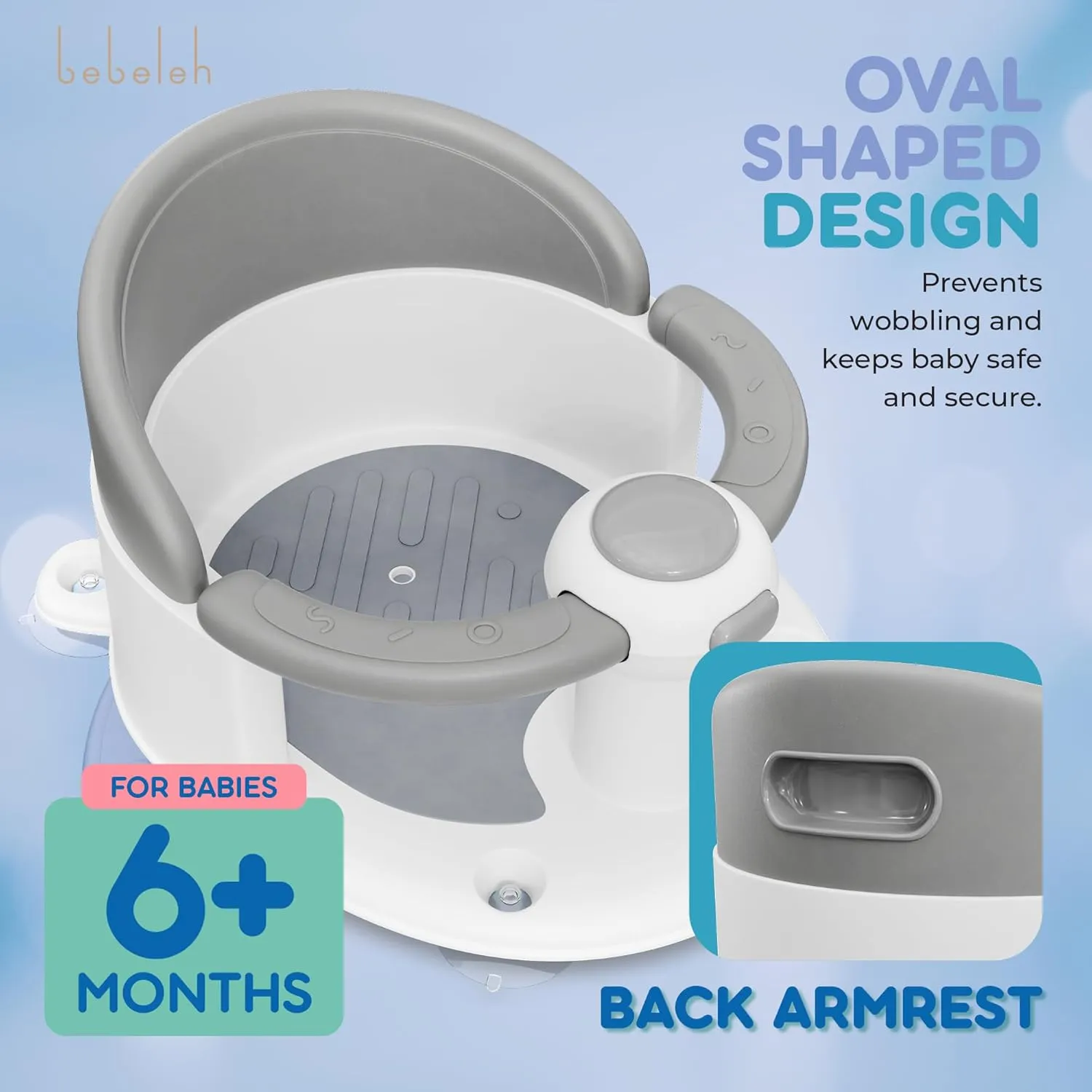 BEBELEH™ Baby Bath Seat for Babies 6 Months & Up - Safe Infant and Toddler Baby Bathtub Seat for Sitting Up - Baby Bath Tub Baby Tub Seat for Shower (Gray)