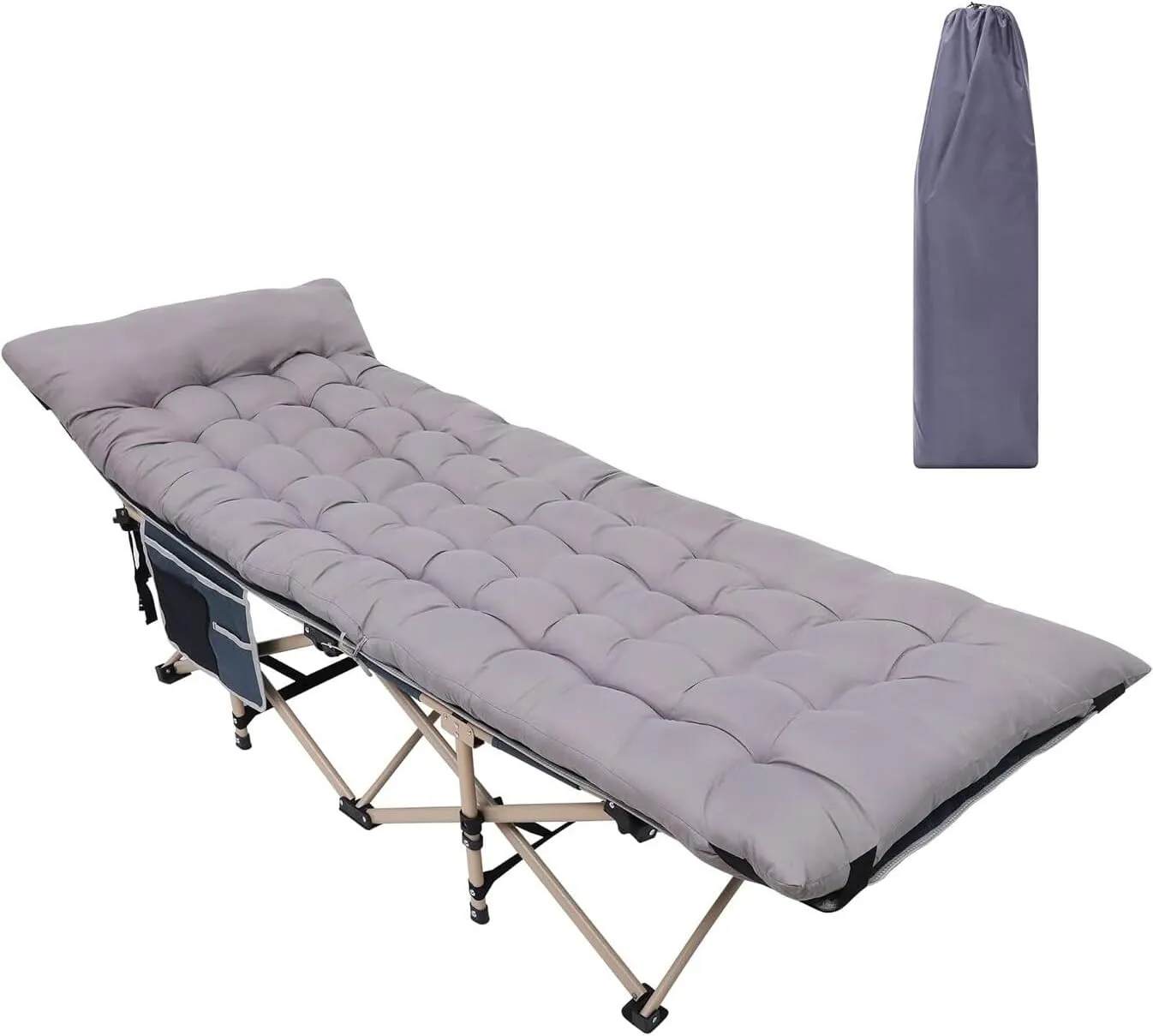 Bed Bath & Beyond Camping Cot, Folding Camping Cot Folding Cot for Adults with Mattress, Pillow and Side Mesh Holders Holds Weights Up to 500Lbs Set of 1 Grey