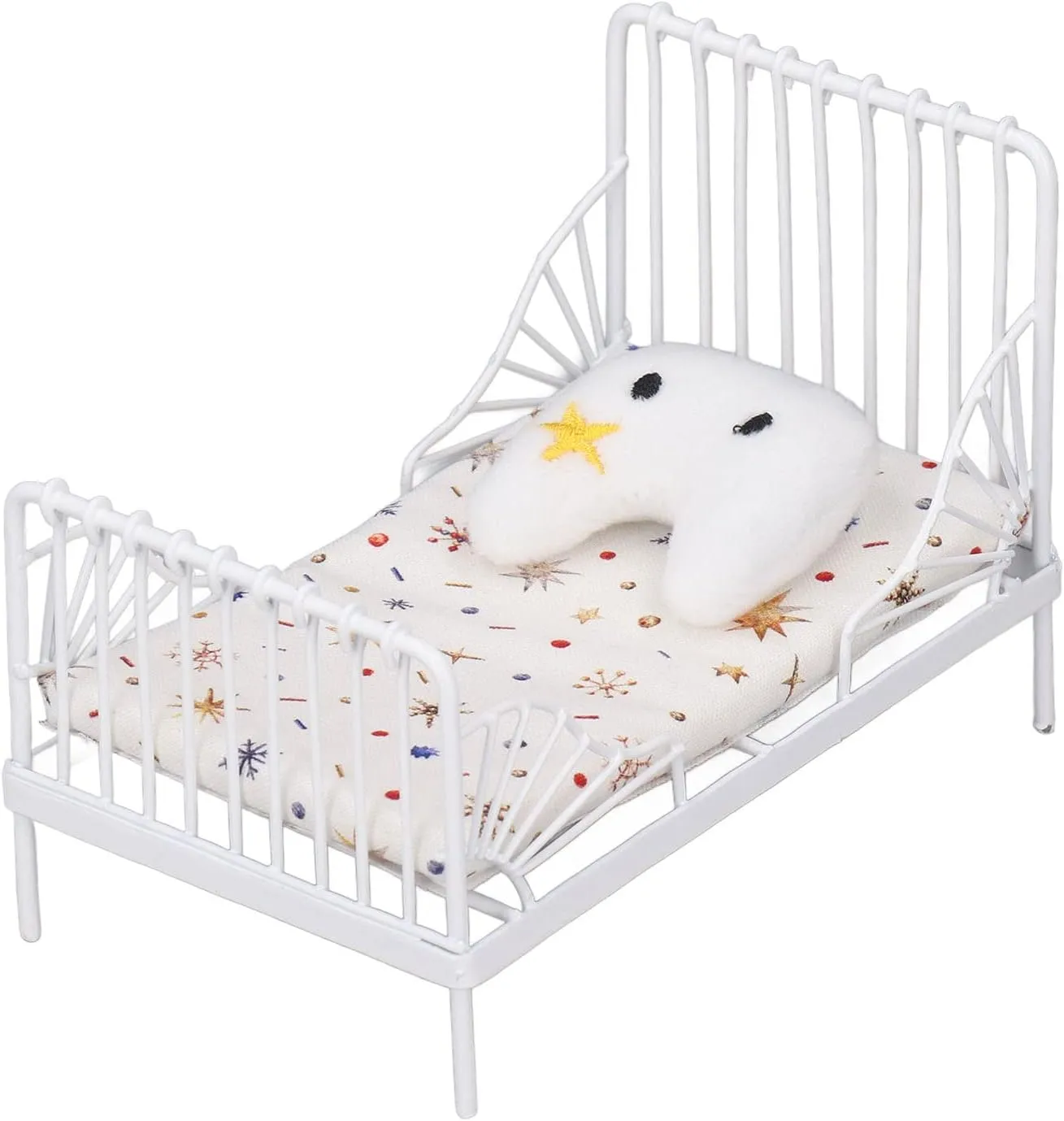 Bed, Doll Bed, 1:12 Scale Furniture Dollhouse Bed Set Doll House Doll Bed Dollhouse Mini Bed Metal Frame for Adults (Star Pattern)