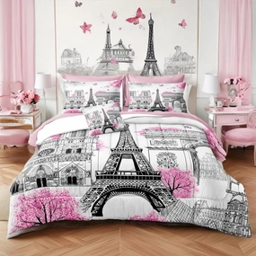 Bedbay Paris Comforter Set - 8 Piece Romantic Couple Bedding - Cal King Size - Pink Cherry Blossom Floral Comforter - Bed in a Bag