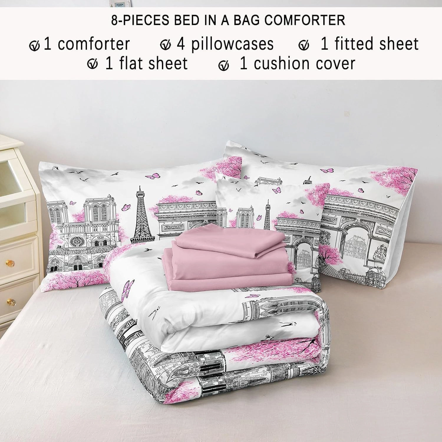 Bedbay Paris Comforter Set - 8 Piece Romantic Couple Bedding - Cal King Size - Pink Cherry Blossom Floral Comforter - Bed in a Bag