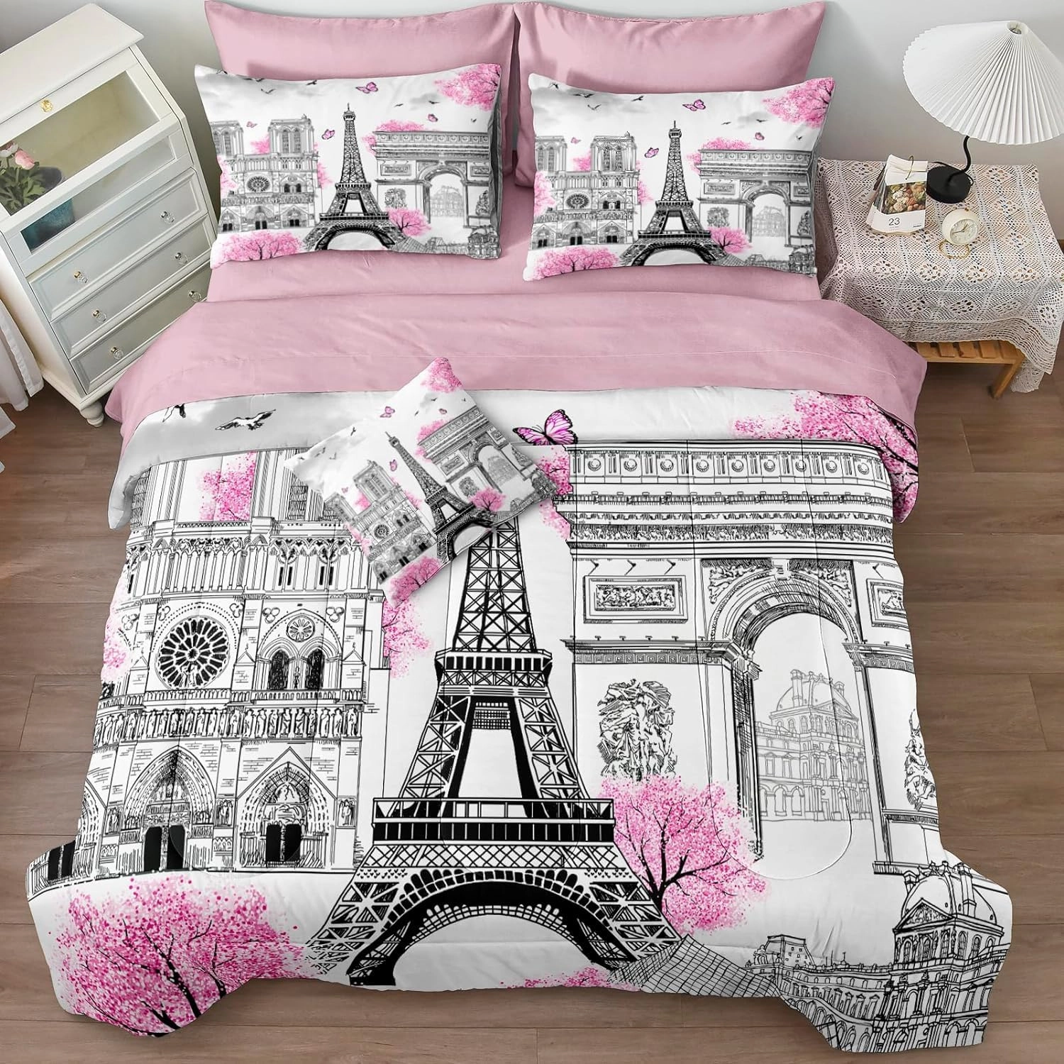 Bedbay Paris Comforter Set - 8 Piece Romantic Couple Bedding - Cal King Size - Pink Cherry Blossom Floral Comforter - Bed in a Bag