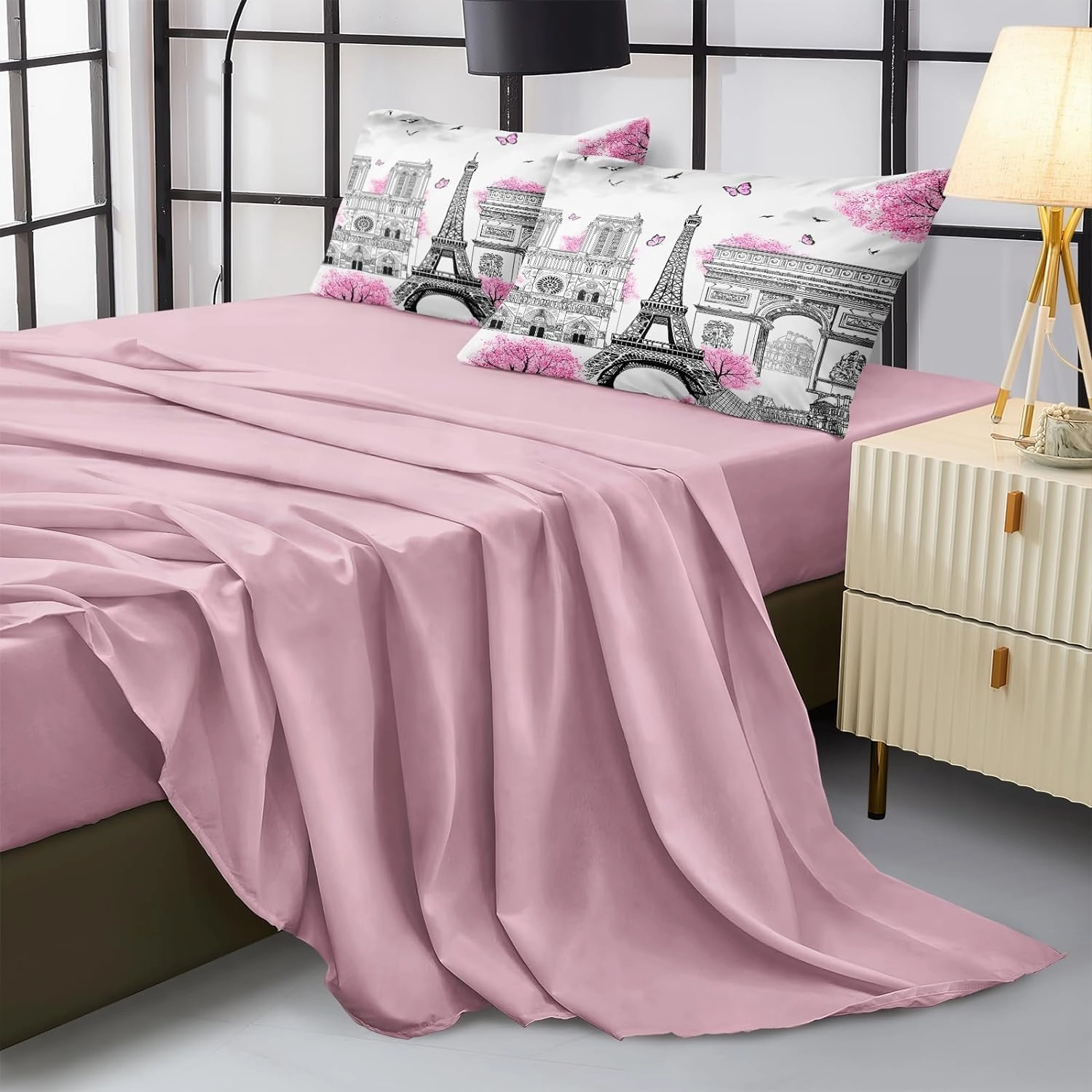 Bedbay Paris Comforter Set - 8 Piece Romantic Couple Bedding - Cal King Size - Pink Cherry Blossom Floral Comforter - Bed in a Bag