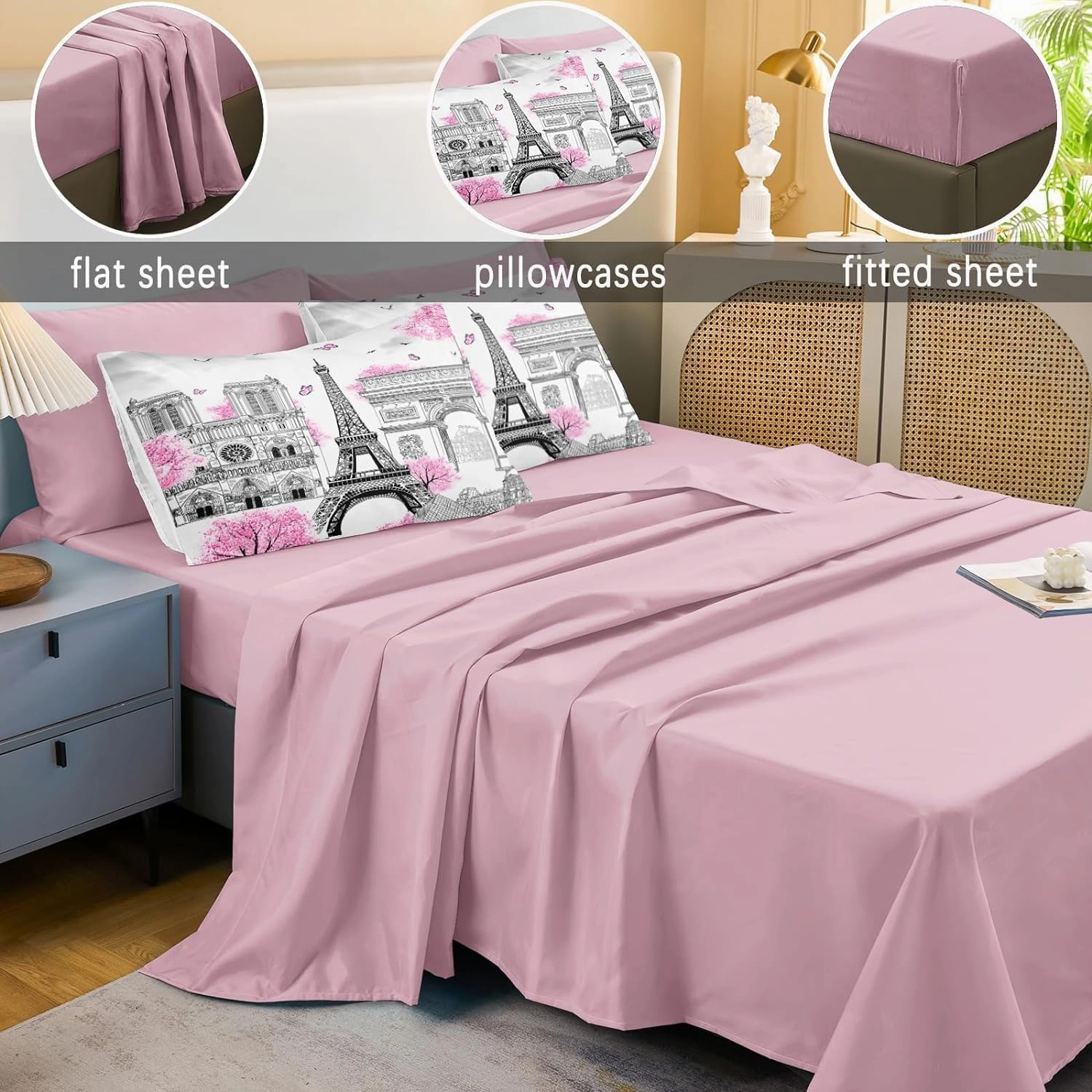 Bedbay Paris Comforter Set - 8 Piece Romantic Couple Bedding - Cal King Size - Pink Cherry Blossom Floral Comforter - Bed in a Bag