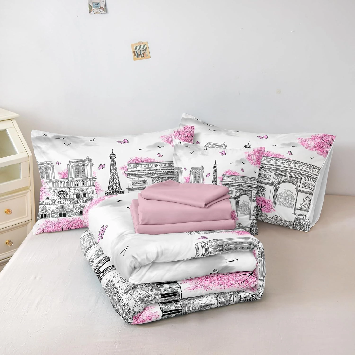 Bedbay Paris Comforter Set - 8 Piece Romantic Couple Bedding - Cal King Size - Pink Cherry Blossom Floral Comforter - Bed in a Bag
