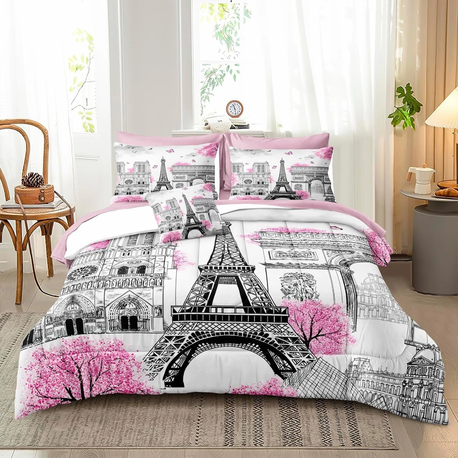 Bedbay Paris Comforter Set - 8 Piece Romantic Couple Bedding - Cal King Size - Pink Cherry Blossom Floral Comforter - Bed in a Bag