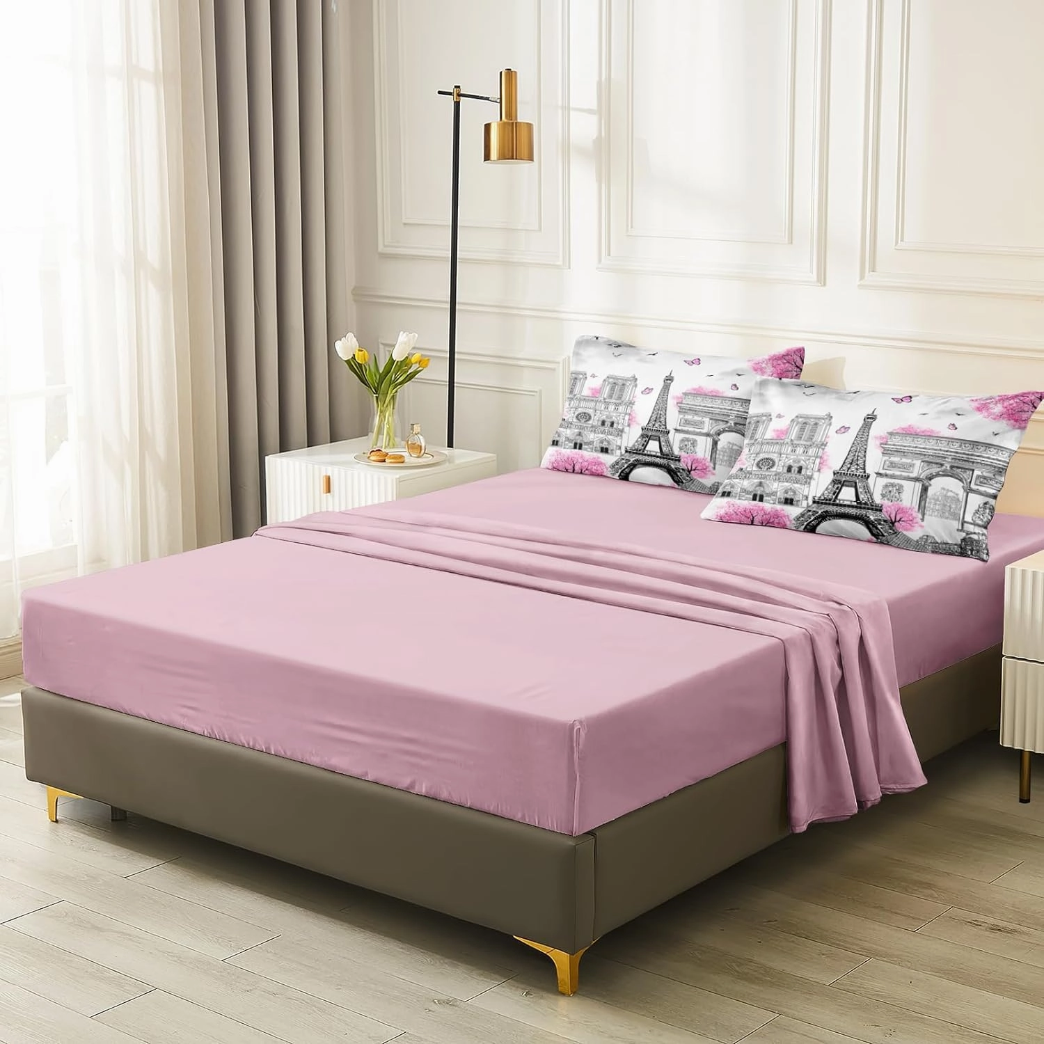 Bedbay Paris Comforter Set - 8 Piece Romantic Couple Bedding - Cal King Size - Pink Cherry Blossom Floral Comforter - Bed in a Bag