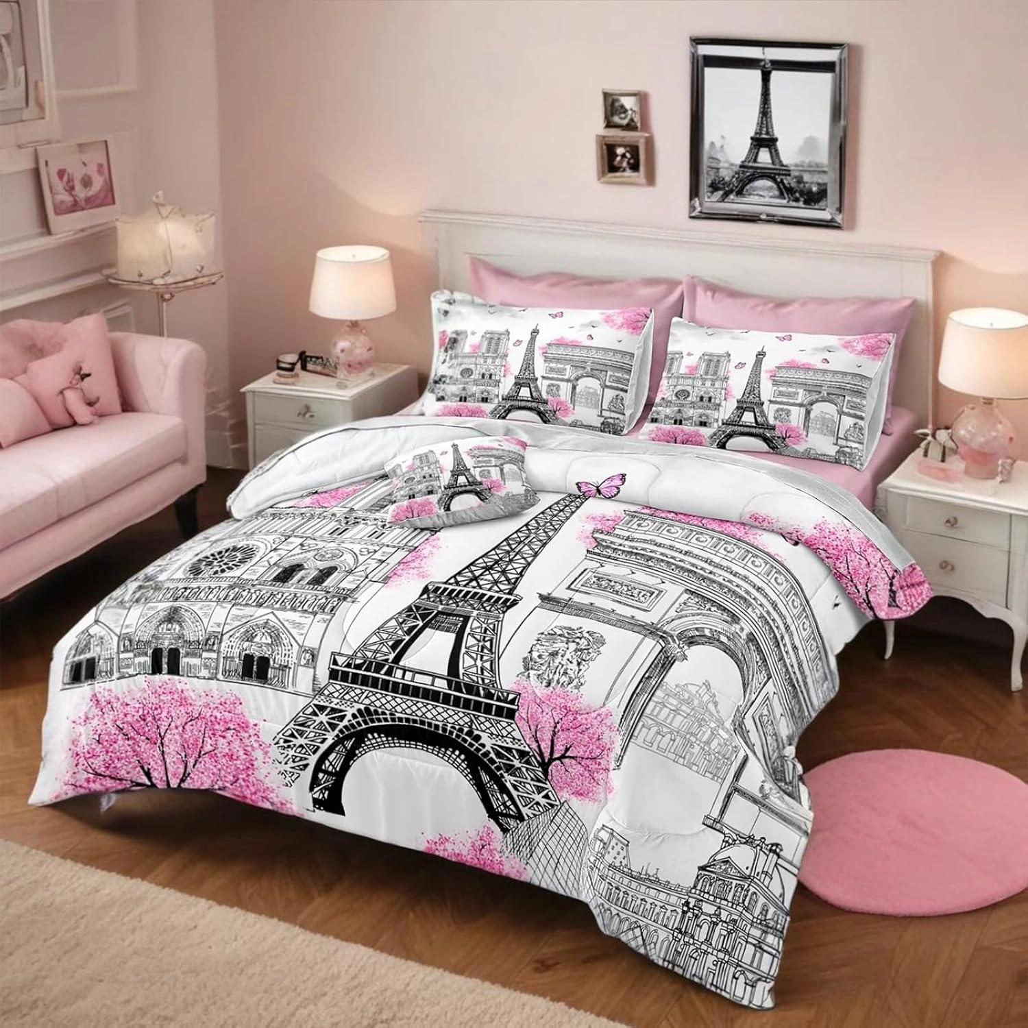 Bedbay Paris Comforter Set - 8 Piece Romantic Couple Bedding - Cal King Size - Pink Cherry Blossom Floral Comforter - Bed in a Bag