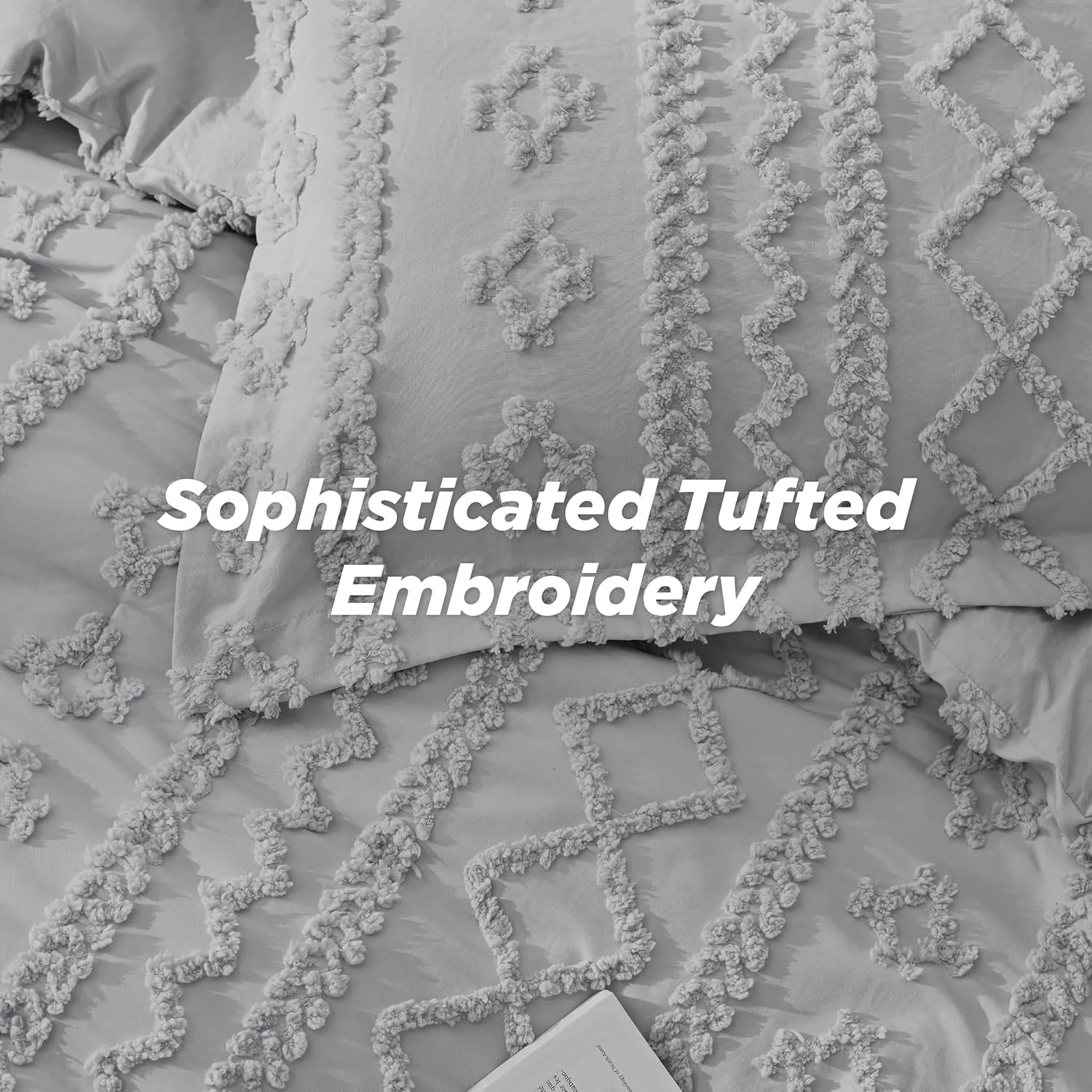 Bedsure Tufted Boho Comforter Set Queen Size - Light Grey Boho Bed Set, GentleSoft™ 3 Pieces Farmhouse Shabby Chic Embroidery Bedding, Gifts for Woman, Soft Jacquard Queen Comforter for All Seasons