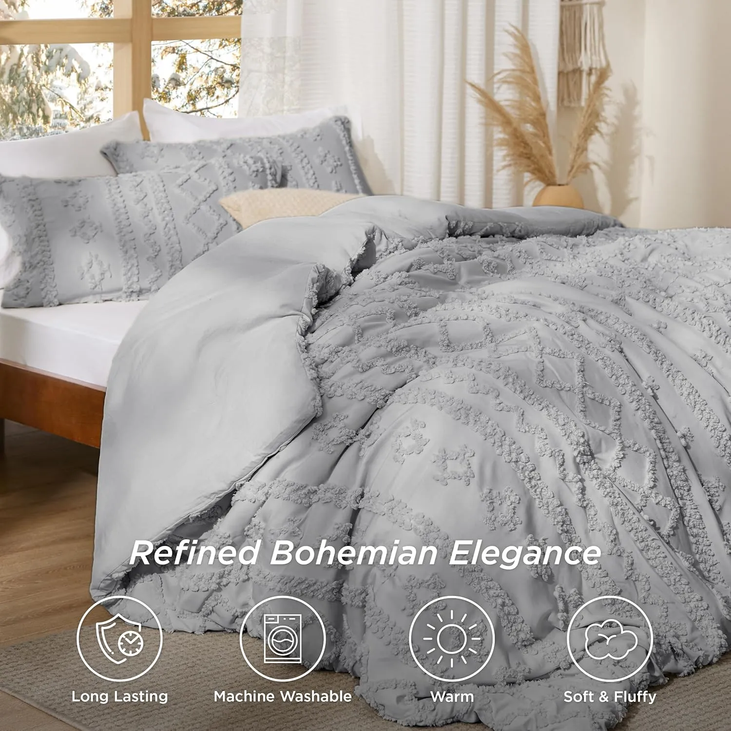 Bedsure Tufted Boho Comforter Set Queen Size - Light Grey Boho Bed Set, GentleSoft™ 3 Pieces Farmhouse Shabby Chic Embroidery Bedding, Gifts for Woman, Soft Jacquard Queen Comforter for All Seasons