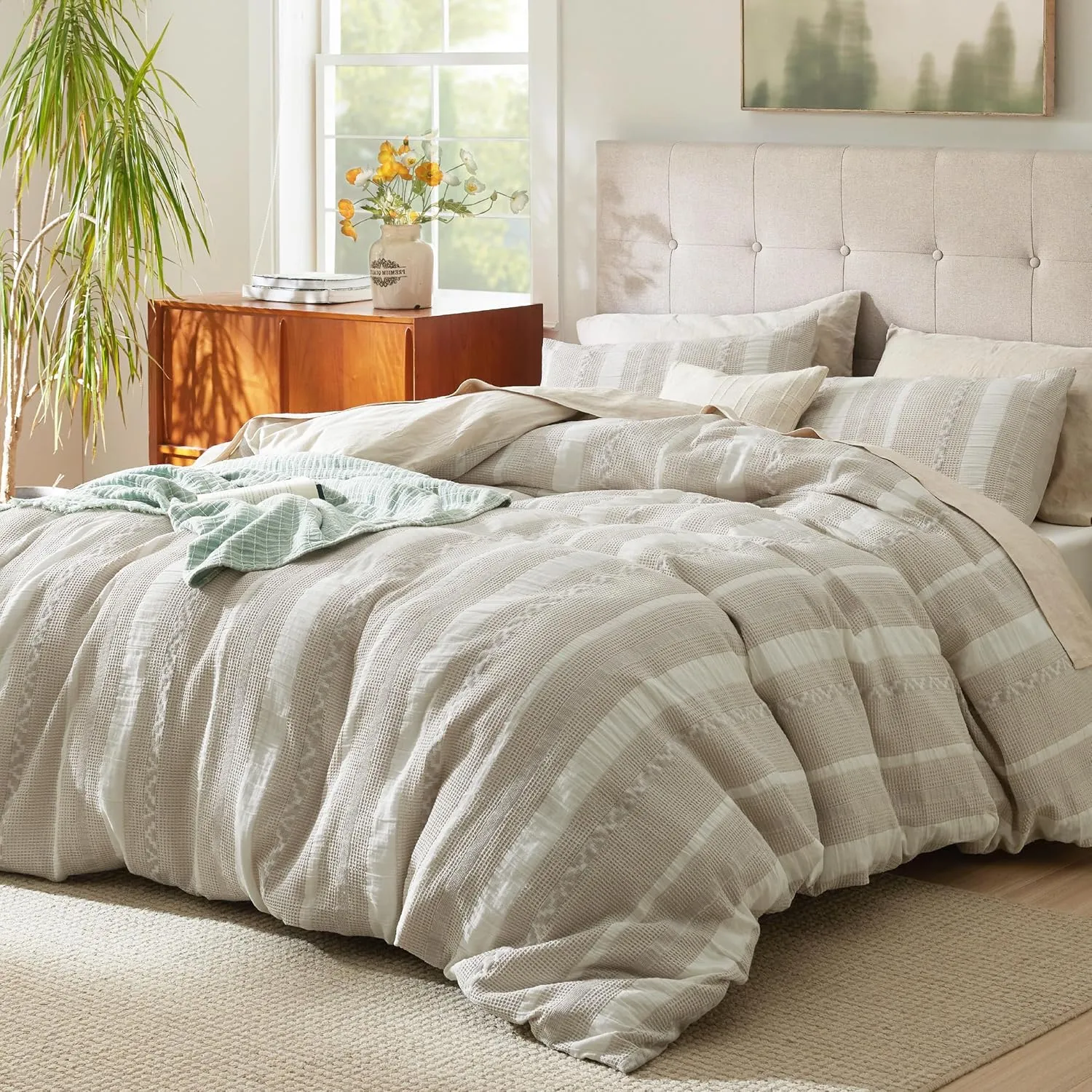 Bedsure Waffle Queen Comforter Set - Linen Soft Cotton Bedding Set for All Seasons, Stripe Fluffy Bed Set 3 Pieces with 1 Waffle Weave Comforter Queen Size and 2 Pillow Shams