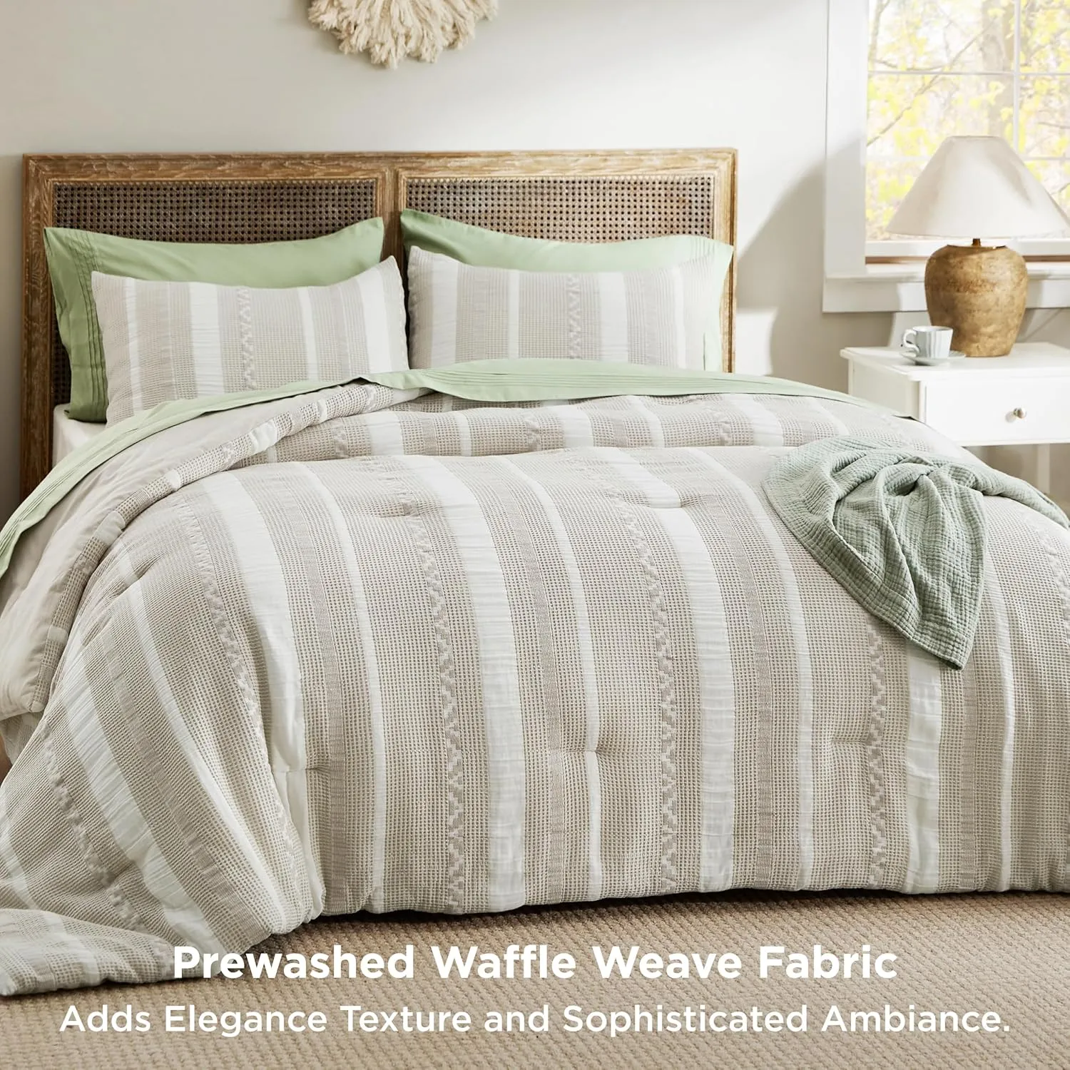 Bedsure Waffle Queen Comforter Set - Linen Soft Cotton Bedding Set for All Seasons, Stripe Fluffy Bed Set 3 Pieces with 1 Waffle Weave Comforter Queen Size and 2 Pillow Shams
