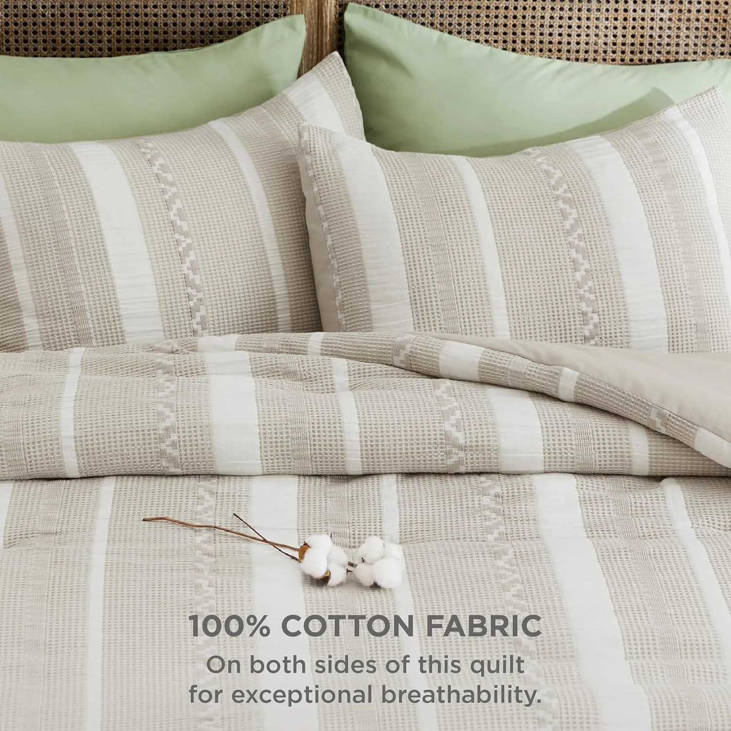 Bedsure Waffle Queen Comforter Set - Linen Soft Cotton Bedding Set for All Seasons, Stripe Fluffy Bed Set 3 Pieces with 1 Waffle Weave Comforter Queen Size and 2 Pillow Shams