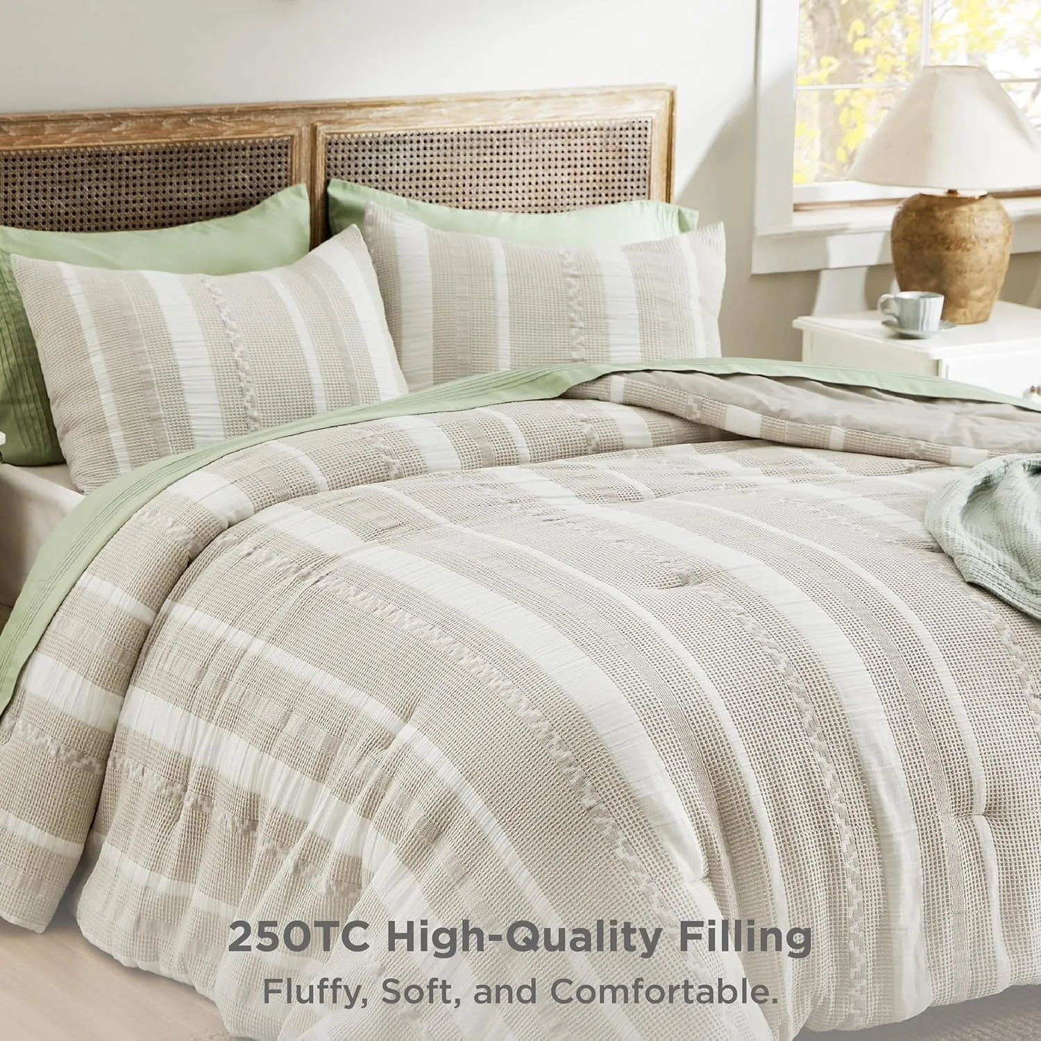 Bedsure Waffle Queen Comforter Set - Linen Soft Cotton Bedding Set for All Seasons, Stripe Fluffy Bed Set 3 Pieces with 1 Waffle Weave Comforter Queen Size and 2 Pillow Shams