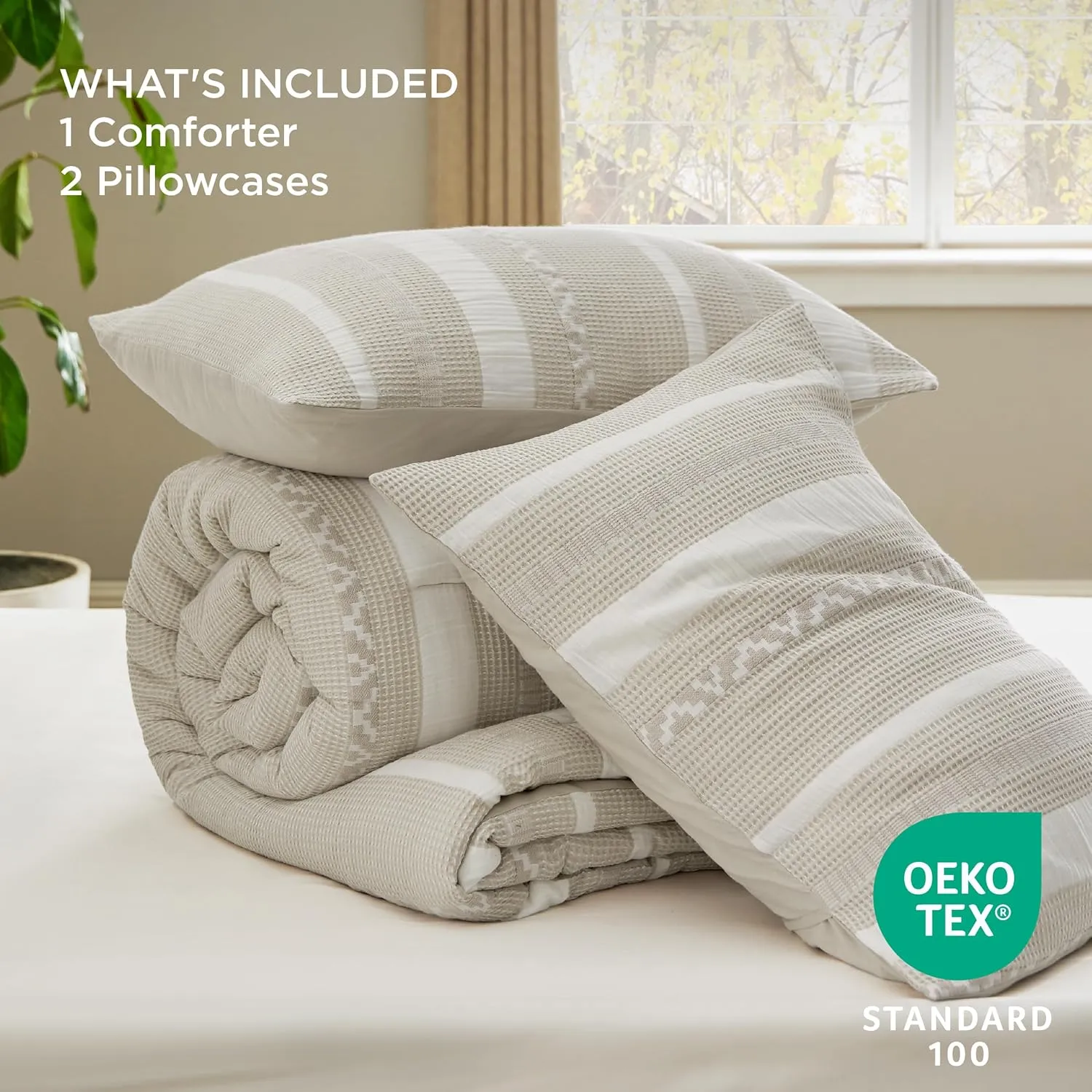 Bedsure Waffle Queen Comforter Set - Linen Soft Cotton Bedding Set for All Seasons, Stripe Fluffy Bed Set 3 Pieces with 1 Waffle Weave Comforter Queen Size and 2 Pillow Shams