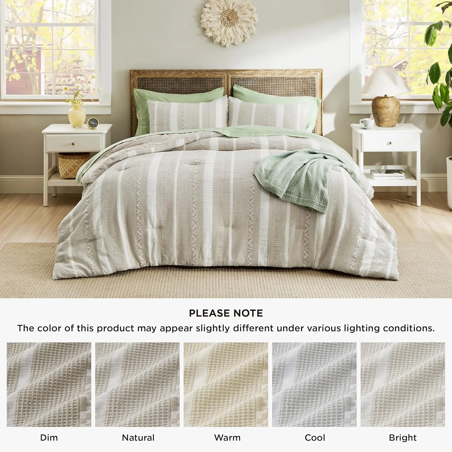 Bedsure Waffle Queen Comforter Set - Linen Soft Cotton Bedding Set for All Seasons, Stripe Fluffy Bed Set 3 Pieces with 1 Waffle Weave Comforter Queen Size and 2 Pillow Shams