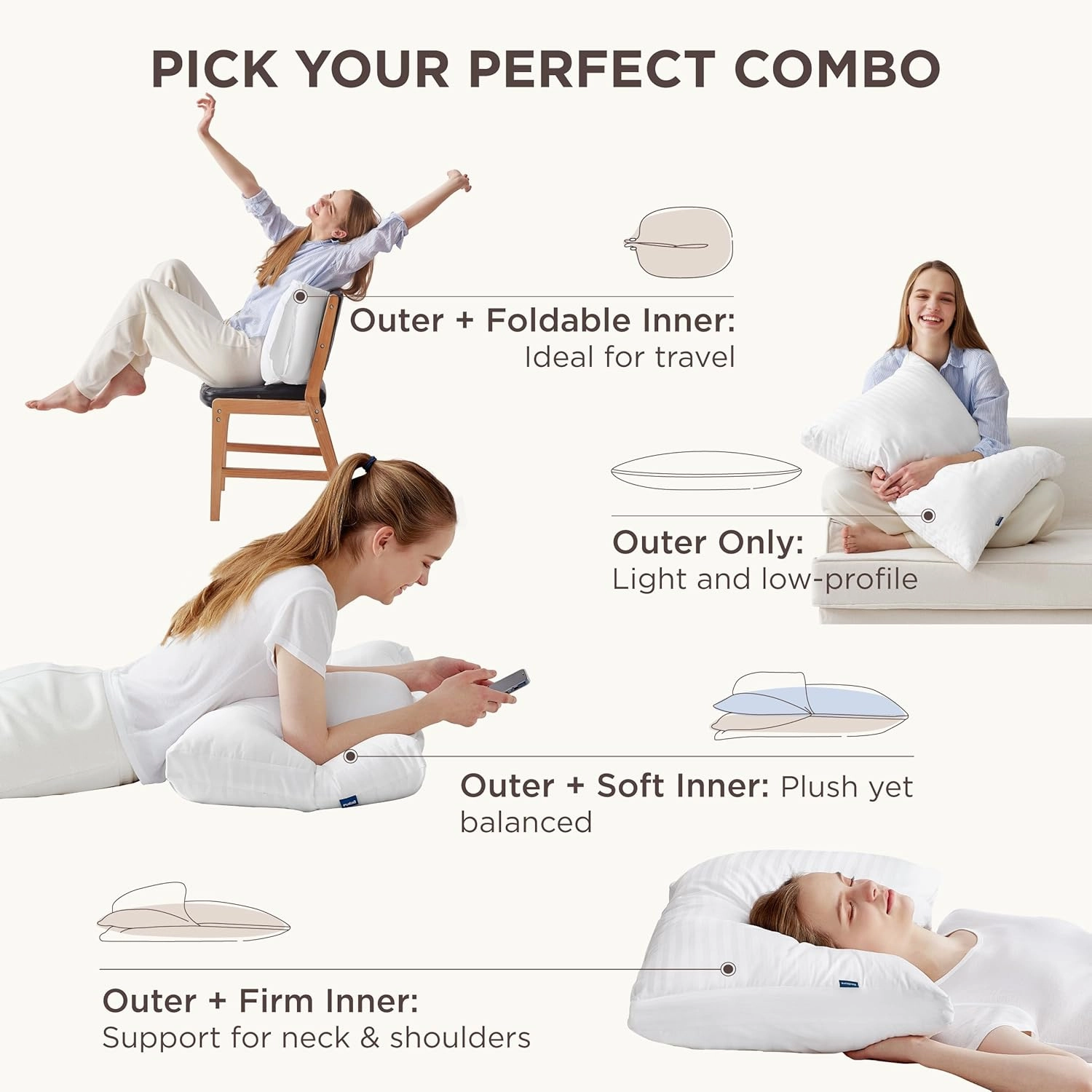 Bedsure Adjustable Layer Bed Pillows for Sleeping - Luxury, Fluffy Queen Pillows Set of 2, Assemblable Firmness & Height with 100% Cotton Cover, Machine Washable for Back, Stomach or Side Sleepers
