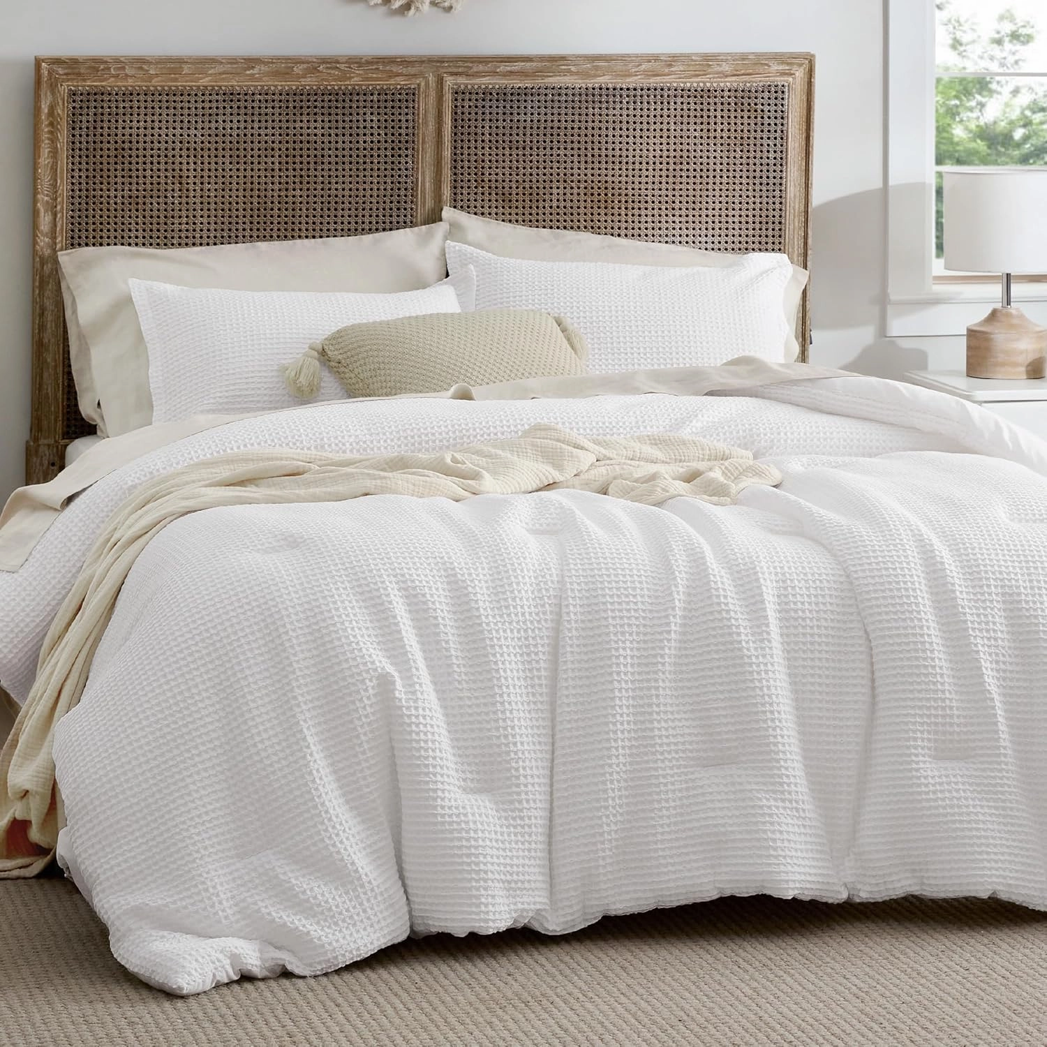 Bedsure Waffle Comforter Set King, White Soft Cotton Bedding, Waffle Weave Bed Set, 3 Pieces, 1 Comforter (104"x90") and 2 Pillow Shams, Premium Cotton Cover with Polyester Fill for All Seasons