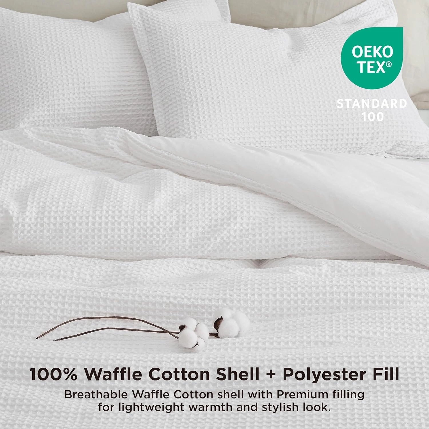 Bedsure Waffle Comforter Set King, White Soft Cotton Bedding, Waffle Weave Bed Set, 3 Pieces, 1 Comforter (104"x90") and 2 Pillow Shams, Premium Cotton Cover with Polyester Fill for All Seasons