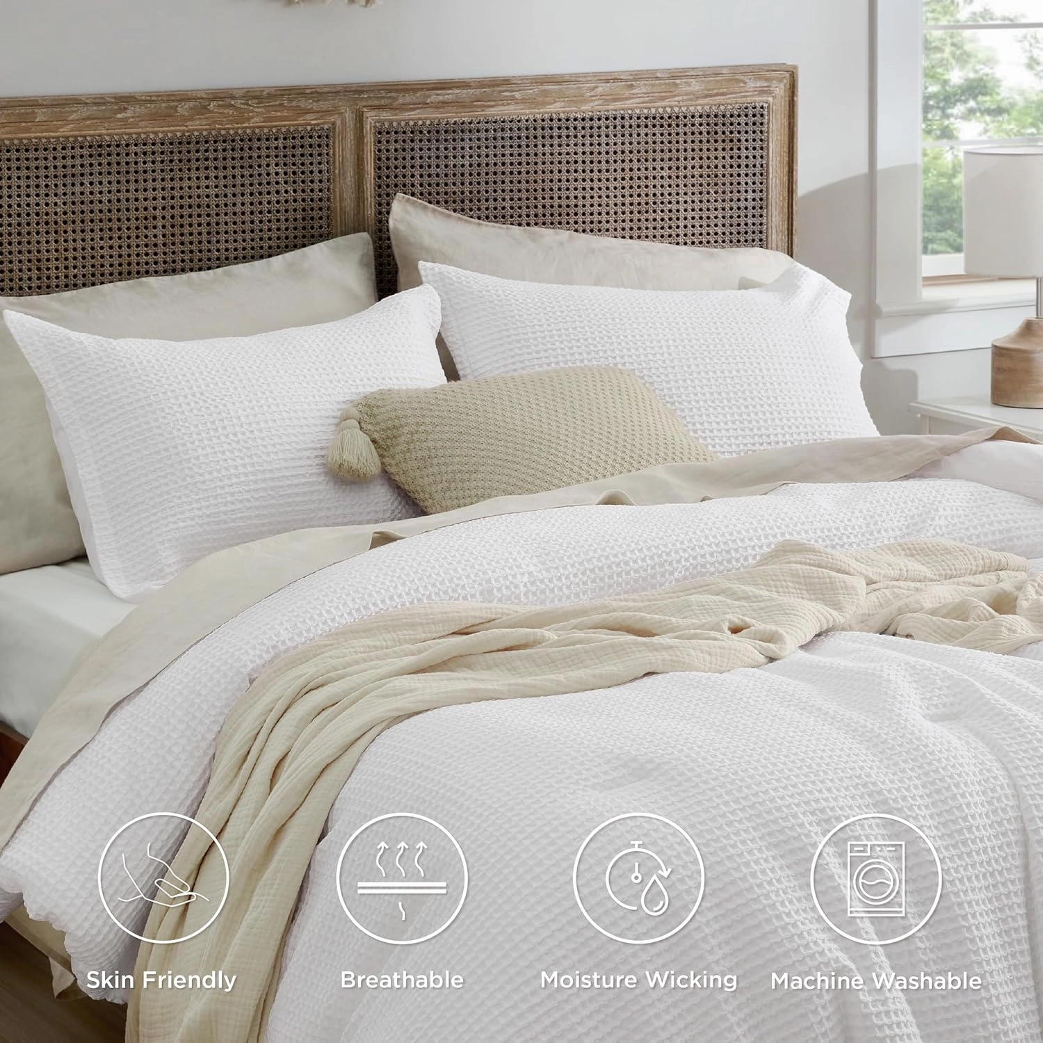 Bedsure Waffle Comforter Set King, White Soft Cotton Bedding, Waffle Weave Bed Set, 3 Pieces, 1 Comforter (104"x90") and 2 Pillow Shams, Premium Cotton Cover with Polyester Fill for All Seasons