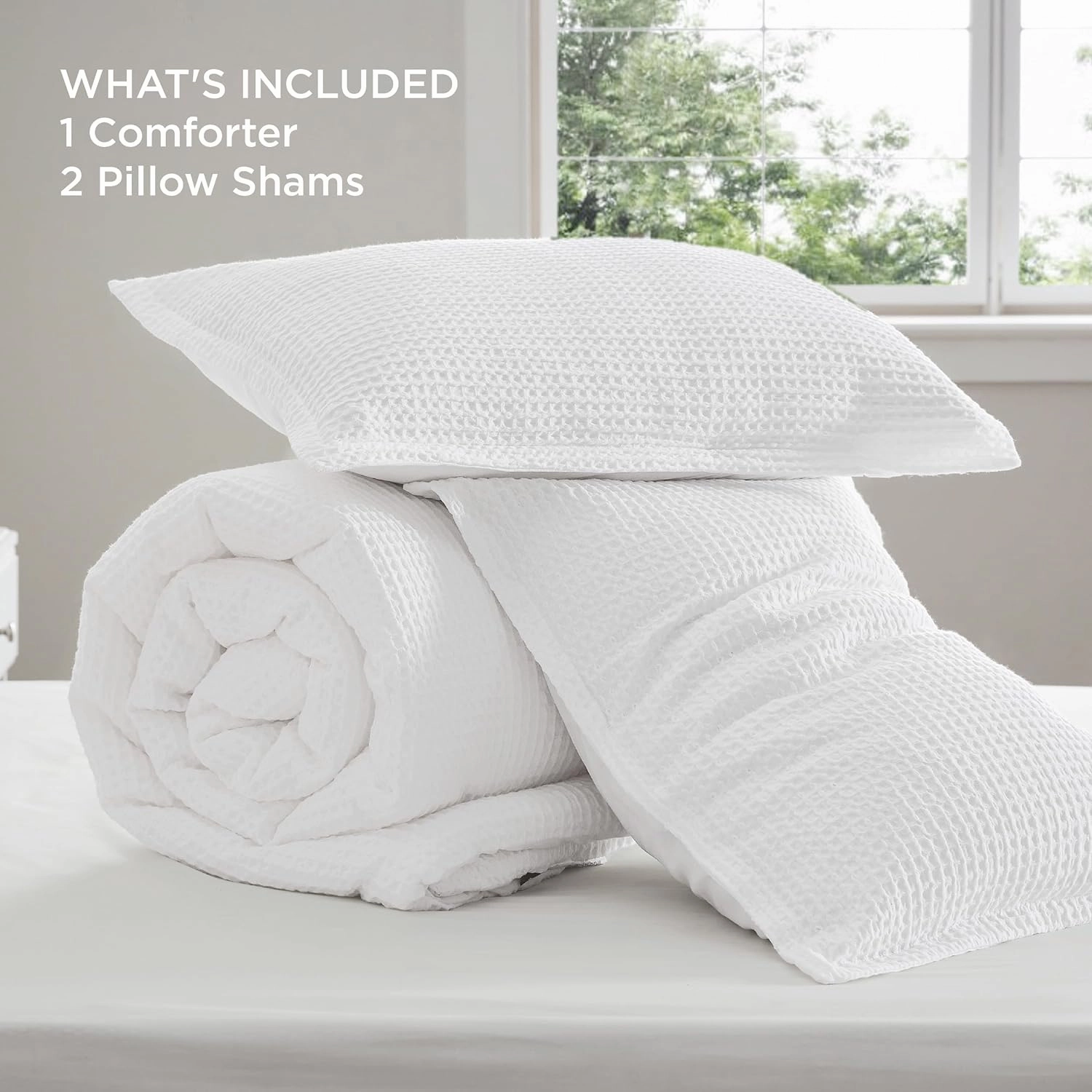 Bedsure Waffle Comforter Set King, White Soft Cotton Bedding, Waffle Weave Bed Set, 3 Pieces, 1 Comforter (104"x90") and 2 Pillow Shams, Premium Cotton Cover with Polyester Fill for All Seasons