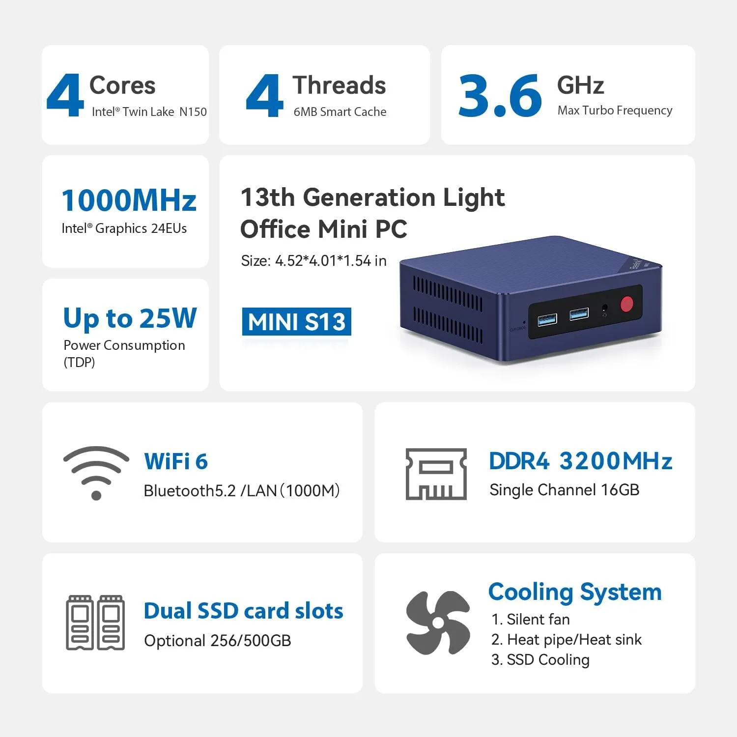 Beelink Mini S13 Mini PC, Intel Twin Lake N150 (Upgraded N100, up to 3.6GHz), 16GB DDR4 RAM 1TB SSD, Mini Computer Support Dual HDMI 4K@60Hz, WiFi 6, BT5.2, NAS, Low Power