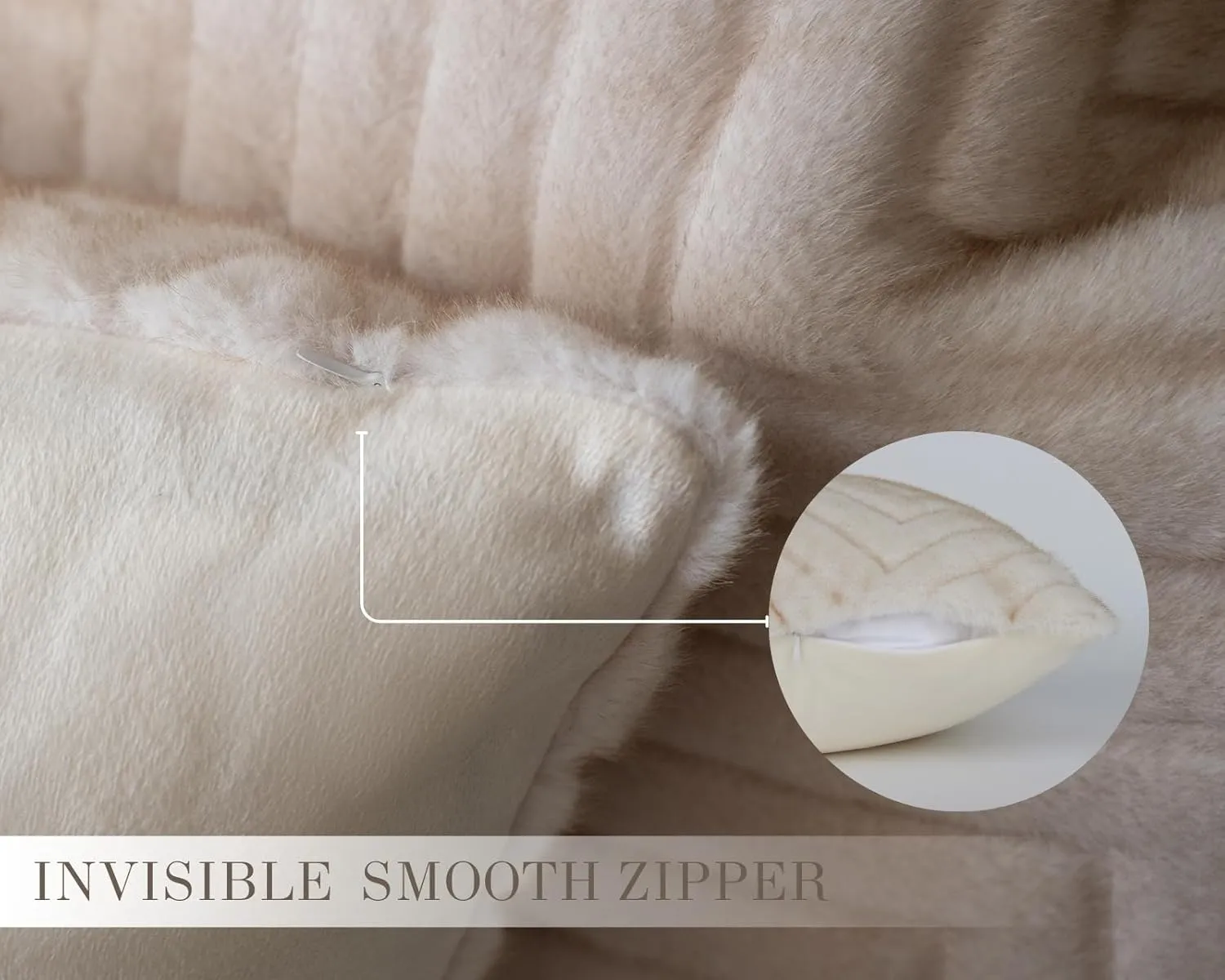 Beige Soft Faux Fur Throw Pillow Cover 18 x 18 inch, Fluffy Warm Chevron Pattern Cushion Cases Home Decor for Sofa Couch Bed Living Room, Pack of 2