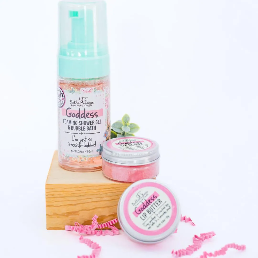 Bella & Bear Goddess Mini Bath & Body Gift Set with 2 in1 Foaming Shower Gel & Bubble Bath, Lip Scrub, Lip Butter - Gift - Teens - Tweens - Women