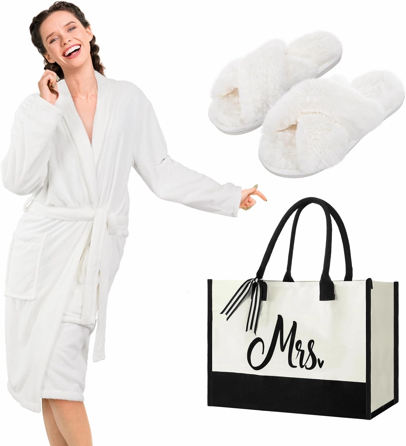 Berlune 3 Pcs Bath Robe Set for Women Terry Cloth Spa Bathrobe Fuzzy Slippers Mrs Canvas Tote Bag Hotel Robe and Slippers Spa Set Valentine’s Day Gifts for Bridal Shower Winter Spa Party Supplies