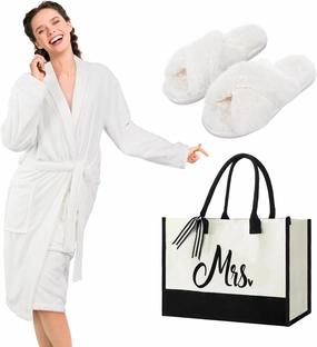 Berlune 3 Pcs Bath Robe Set for Women Terry Cloth Spa Bathrobe Fuzzy Slippers Mrs Canvas Tote Bag Hotel Robe and Slippers Spa Set Valentine’s Day Gifts for Bridal Shower Winter Spa Party Supplies