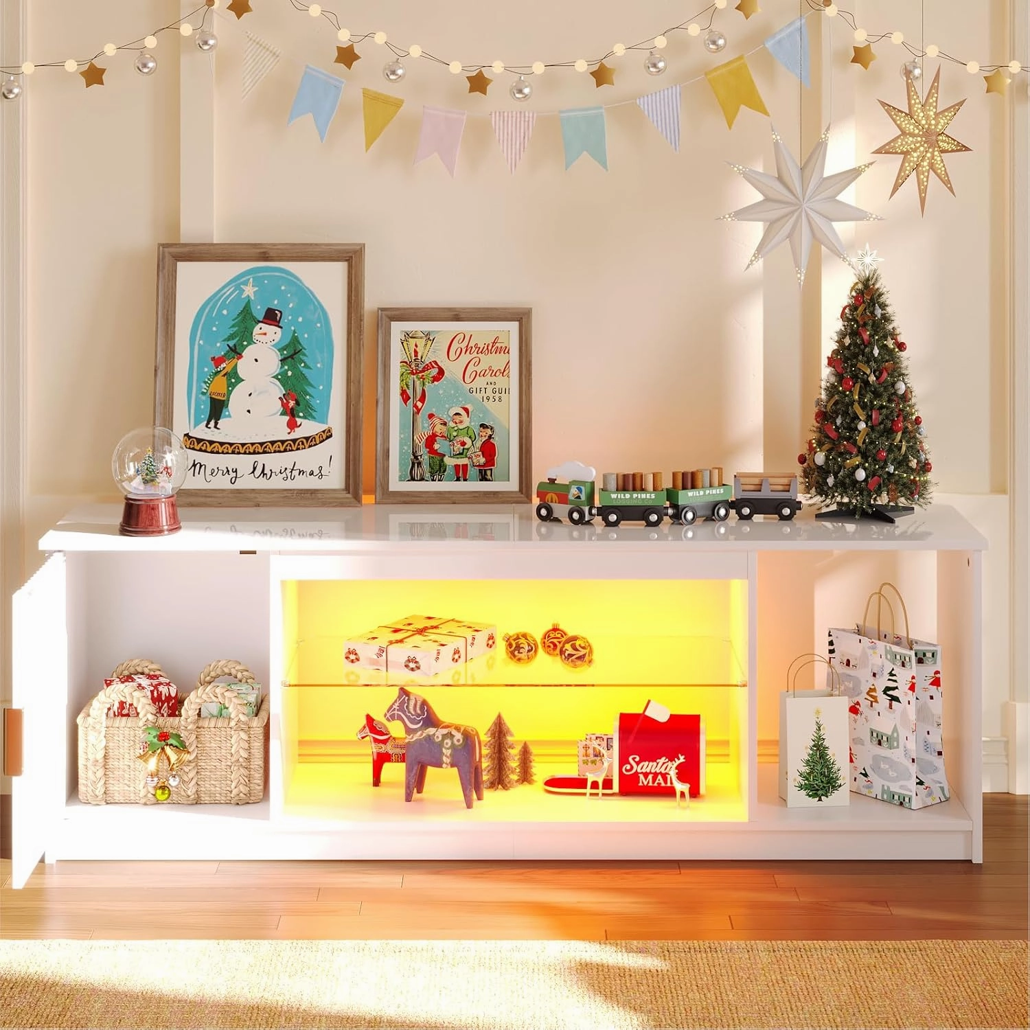 Bestier LED TV Stand for 55/60/65 Inch TV, Gaming Entertainment Center with Cabinet for PS5, Xbox, Fluted TV Console with Adjustable Glass Shelves for Living Room, Bedroom 57 Inch,Bright White