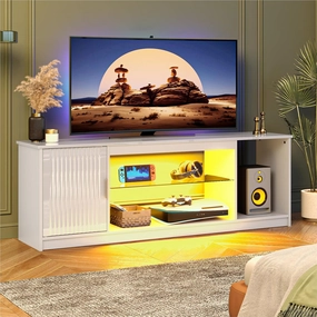 Bestier LED TV Stand for 55/60/65 Inch TV, Gaming Entertainment Center with Cabinet for PS5, Xbox, Fluted TV Console with Adjustable Glass Shelves for Living Room, Bedroom 57 Inch,Bright White