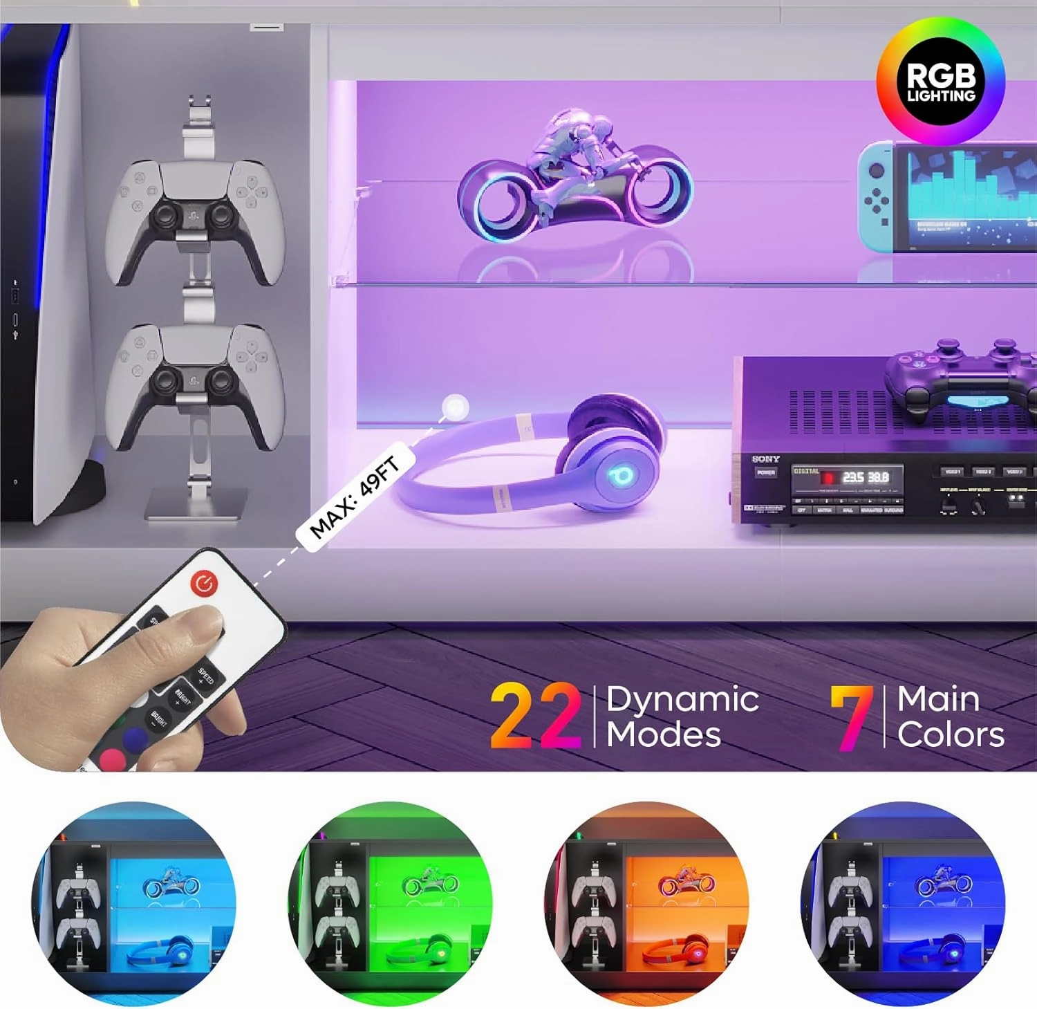 Bestier LED TV Stand for 55/60/65 Inch TV, Gaming Entertainment Center with Cabinet for PS5, Xbox, Fluted TV Console with Adjustable Glass Shelves for Living Room, Bedroom 57 Inch,Bright White