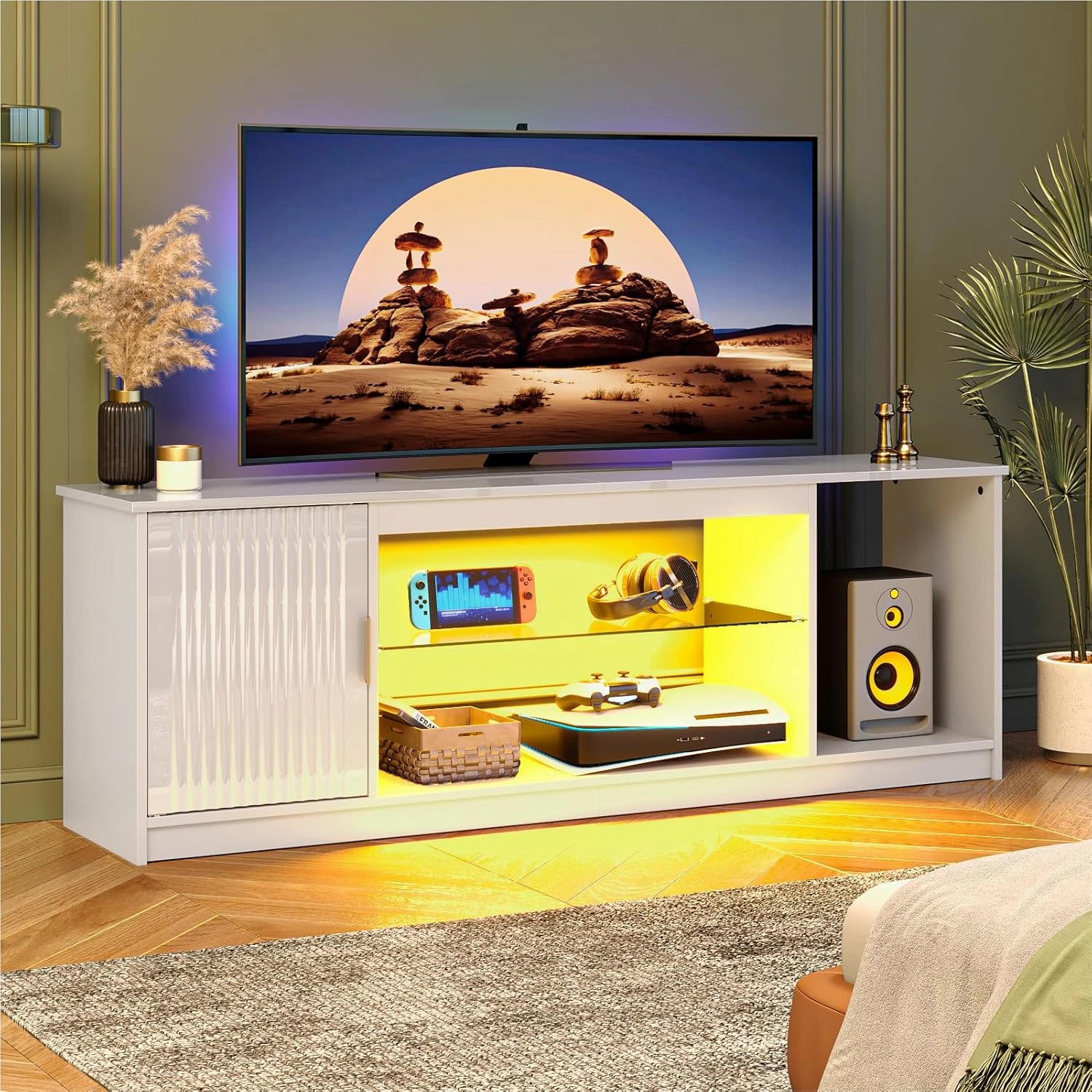 Bestier LED TV Stand for 55/60/65 Inch TV, Gaming Entertainment Center with Cabinet for PS5, Xbox, Fluted TV Console with Adjustable Glass Shelves for Living Room, Bedroom 57 Inch,Bright White