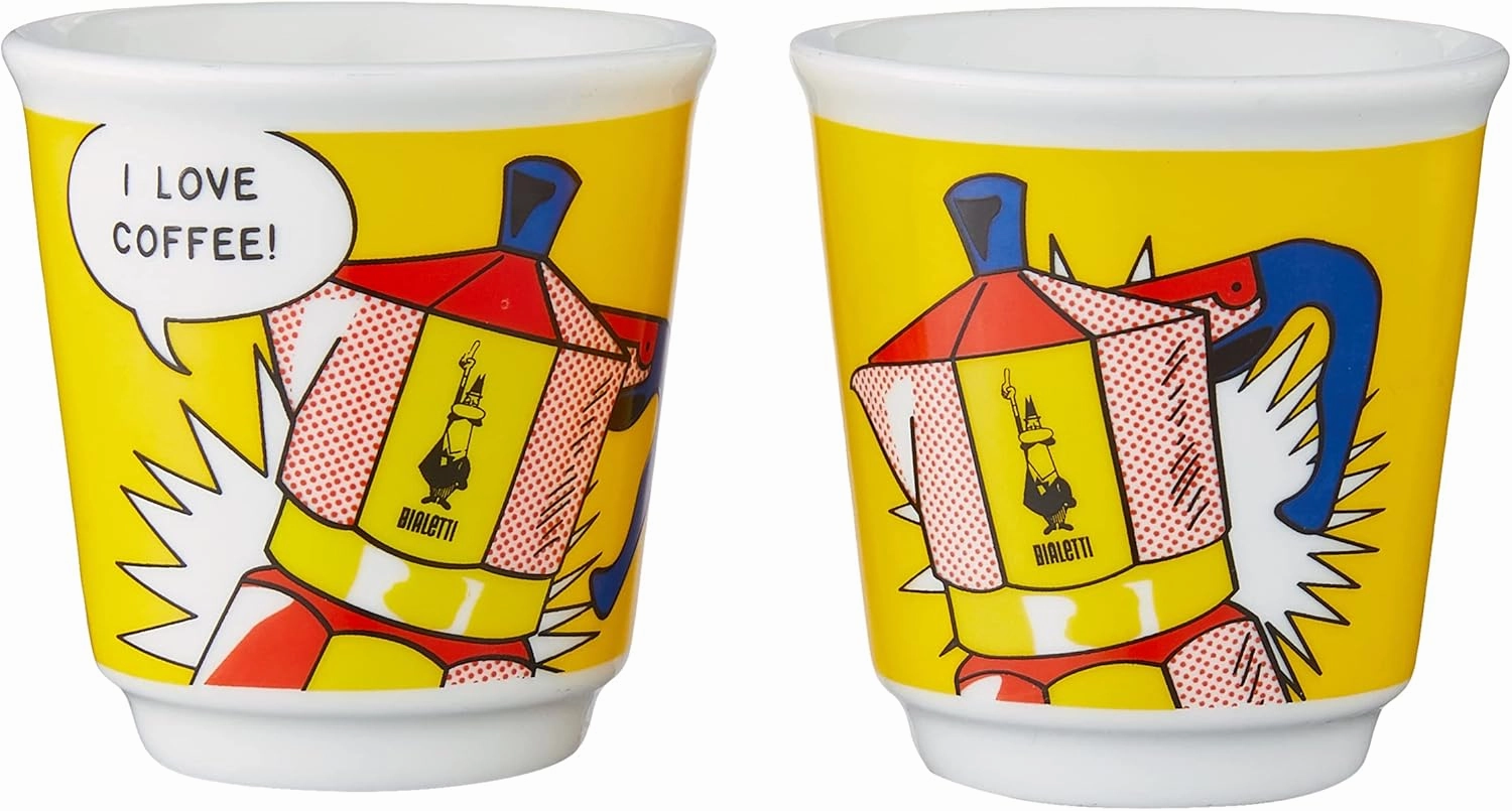 Bialetti - Mini Express Lichtenstein: Moka Set includes Coffee Maker 2-Cup (2.8 Oz)   2 shot glasses, Yellow, Aluminium