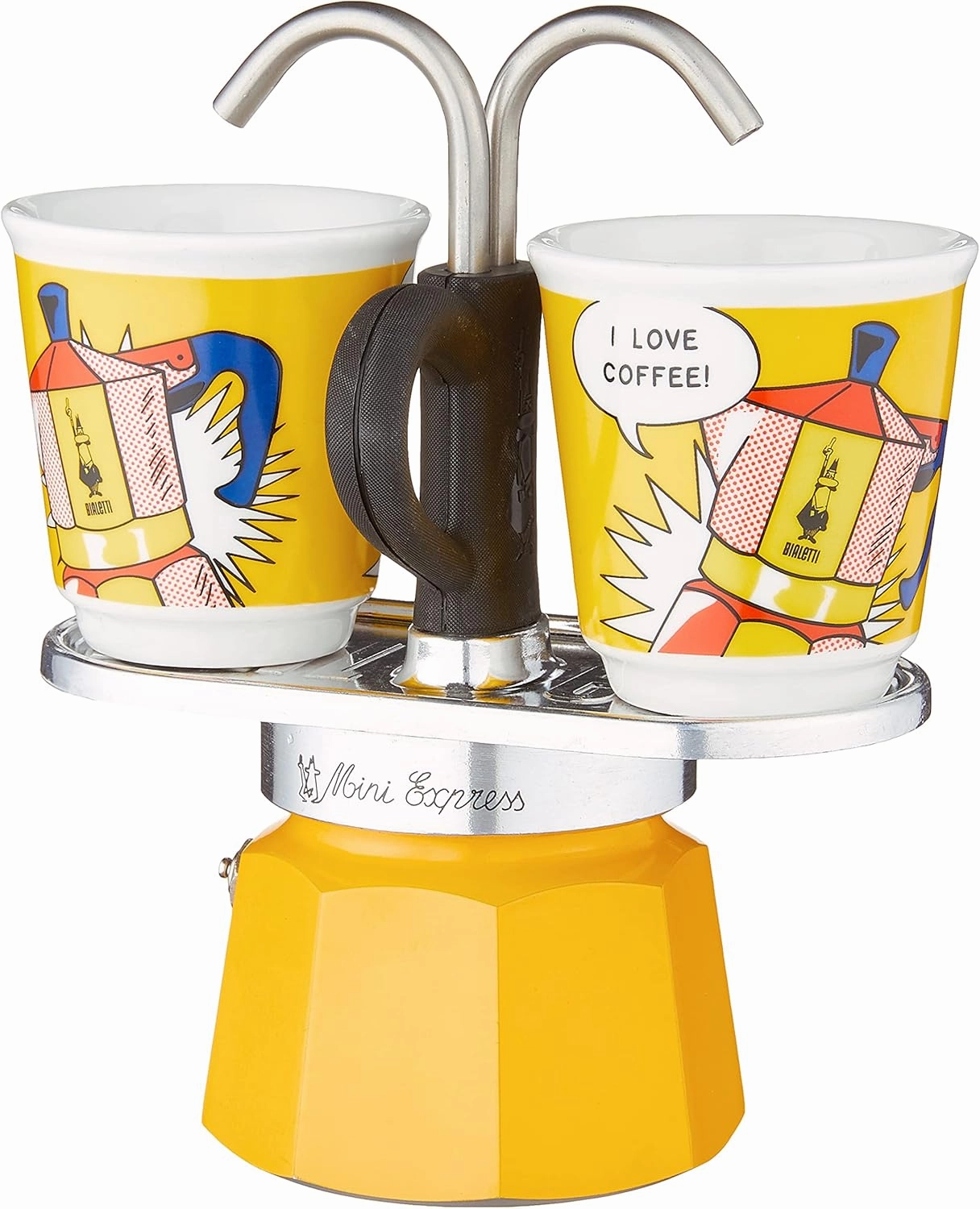 Bialetti - Mini Express Lichtenstein: Moka Set includes Coffee Maker 2-Cup (2.8 Oz)   2 shot glasses, Yellow, Aluminium