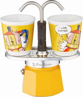 Bialetti - Mini Express Lichtenstein: Moka Set includes Coffee Maker 2-Cup (2.8 Oz)   2 shot glasses, Yellow, Aluminium