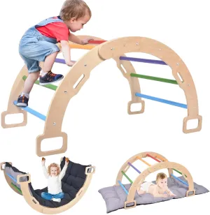 BIERUM Climbing Arch for Toddler, Wooden Climber Toys Inside, Montessori Arch Rocker Indoor, Kids Ladder Arch for Climbing with Two-Color Soft Cushion, Natural, Rainbow