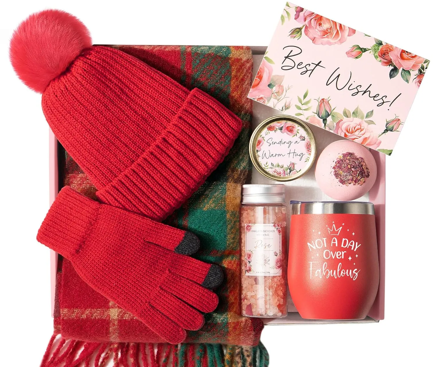 Birthday Gifts for Women, Relaxing Spa Gifts for Women Self Care Gifts Care Package Unique Mothers Day Gifts for Mom Women Friend Her Sister Wife Teacher w/Winter Beanie Hat Plaid Scarf Gloves Set