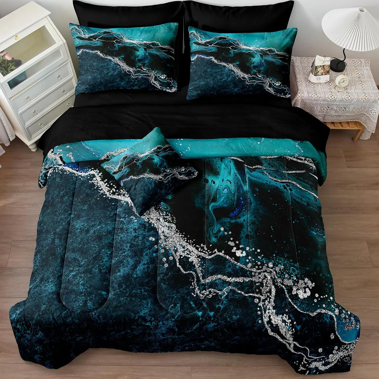 Black Marble Comforter Set 8 Pcs Turquoise Blue Bedding Set King Size Bed in A Bag Blue and Black Stone Texture Abstract Room Decor Black Marble Bed Comforter