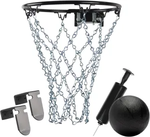 Black Mini Basketball Rim Set, Includes: Chain Net, 2 Door Hooks, Ball, Ball Pump, Screws, 9-inch Hoop with 6 Hooks