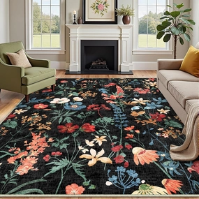 Black Area Rug 6x9 Floral Washable Living Room Kitchen Boho Carpet Non Slip Low Pile Indoor Accent Lightweight Soft Throw Rug for Bedroom Office Dining Room Nursery Farmhouse