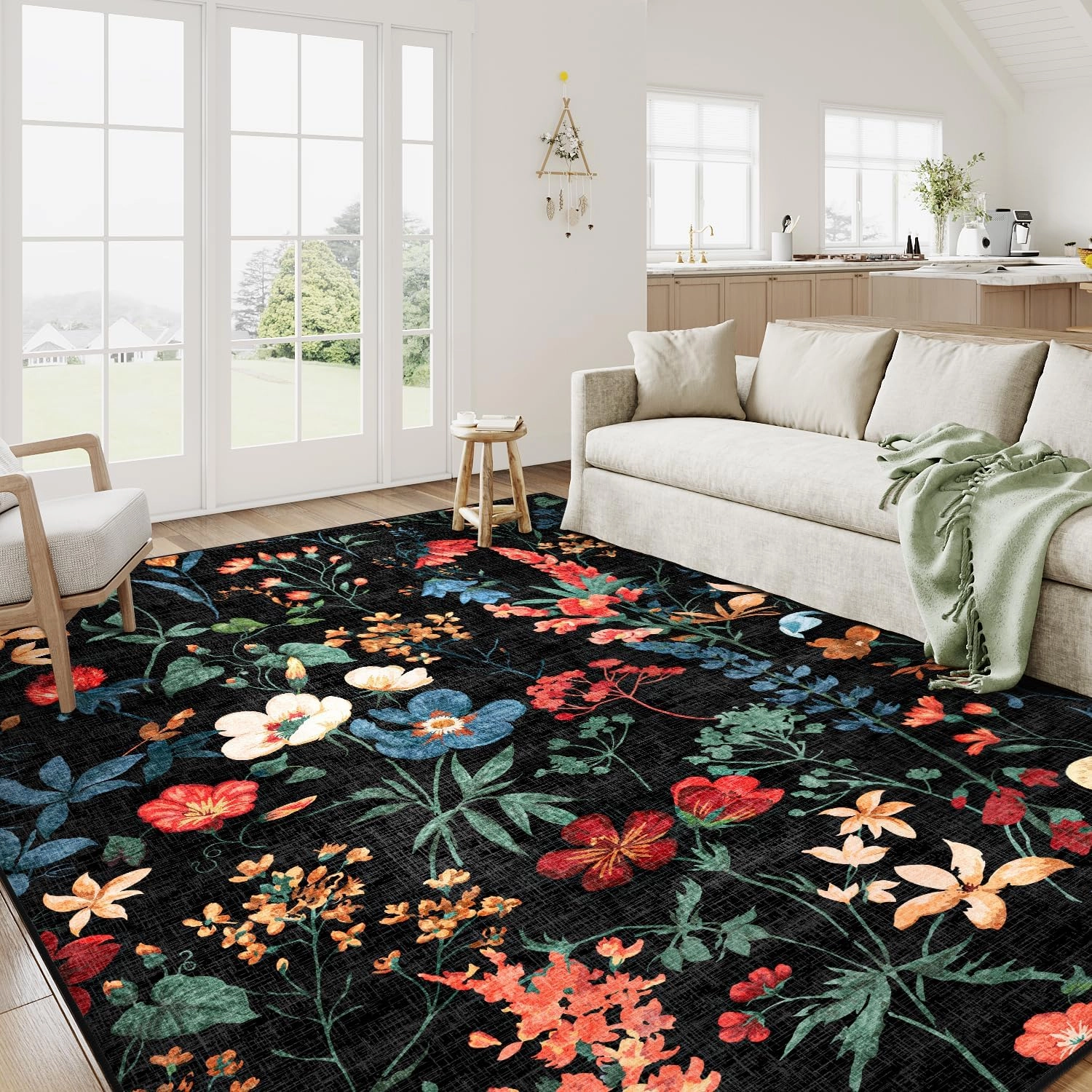 Black Area Rug 6x9 Floral Washable Living Room Kitchen Boho Carpet Non Slip Low Pile Indoor Accent Lightweight Soft Throw Rug for Bedroom Office Dining Room Nursery Farmhouse