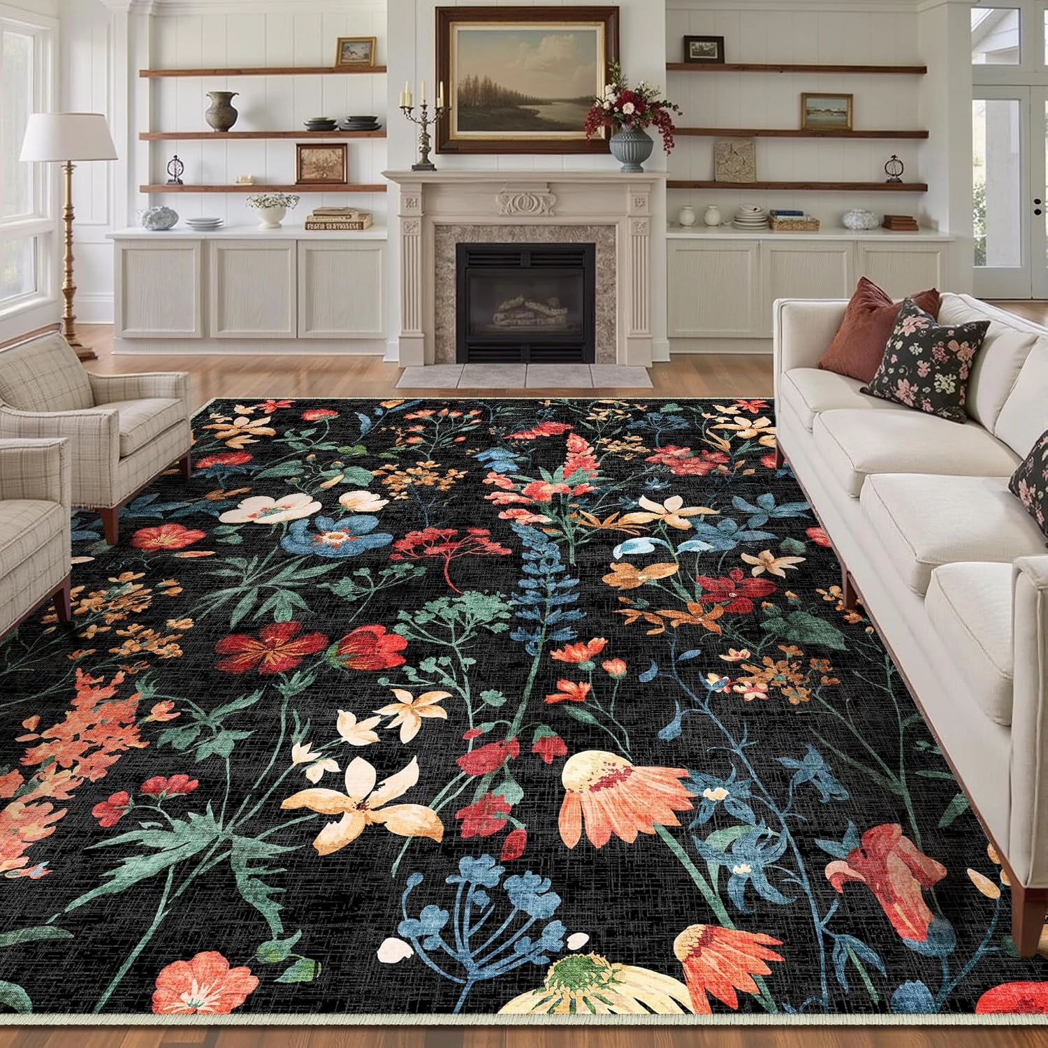 Black Area Rug 6x9 Floral Washable Living Room Kitchen Boho Carpet Non Slip Low Pile Indoor Accent Lightweight Soft Throw Rug for Bedroom Office Dining Room Nursery Farmhouse