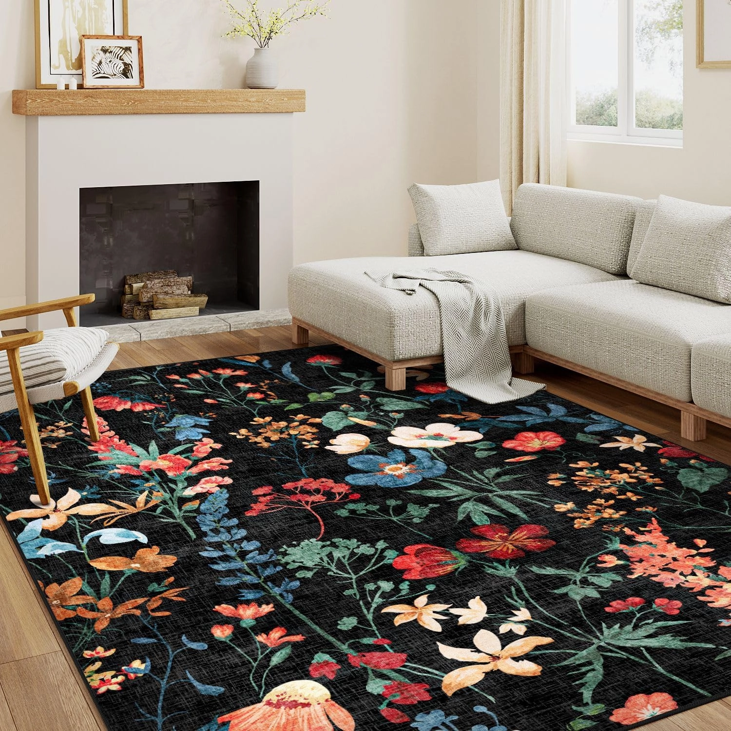 Black Area Rug 6x9 Floral Washable Living Room Kitchen Boho Carpet Non Slip Low Pile Indoor Accent Lightweight Soft Throw Rug for Bedroom Office Dining Room Nursery Farmhouse