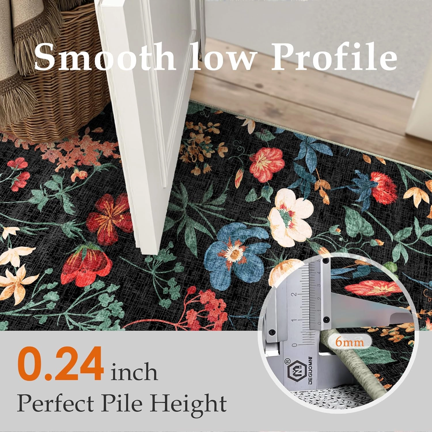Black Area Rug 6x9 Floral Washable Living Room Kitchen Boho Carpet Non Slip Low Pile Indoor Accent Lightweight Soft Throw Rug for Bedroom Office Dining Room Nursery Farmhouse