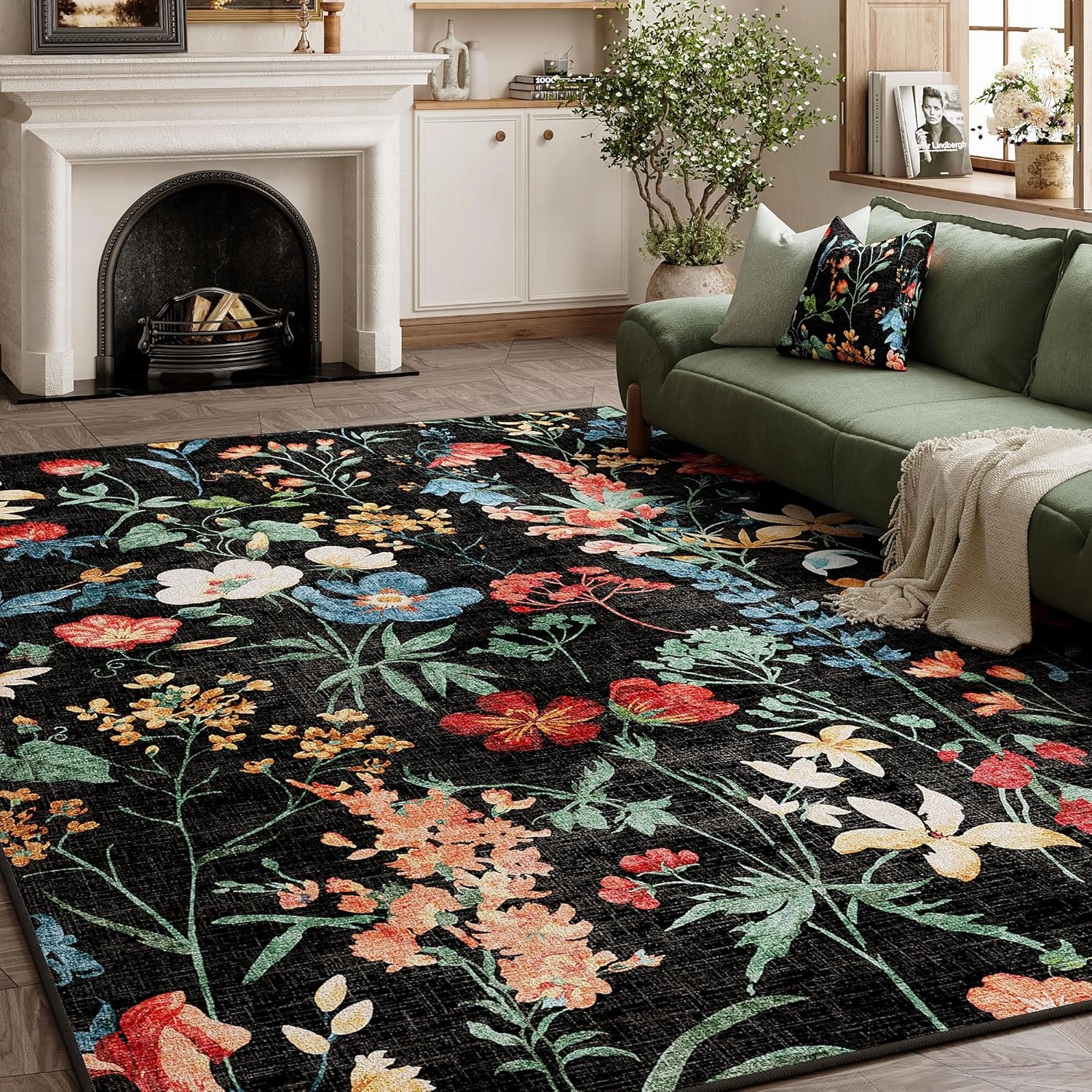 Black Area Rug 6x9 Floral Washable Living Room Kitchen Boho Carpet Non Slip Low Pile Indoor Accent Lightweight Soft Throw Rug for Bedroom Office Dining Room Nursery Farmhouse