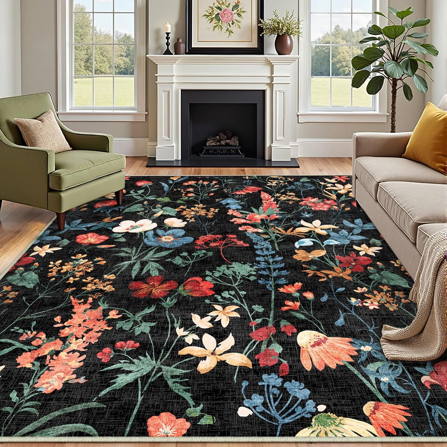 Black Area Rug 6x9 Floral Washable Living Room Kitchen Boho Carpet Non Slip Low Pile Indoor Accent Lightweight Soft Throw Rug for Bedroom Office Dining Room Nursery Farmhouse